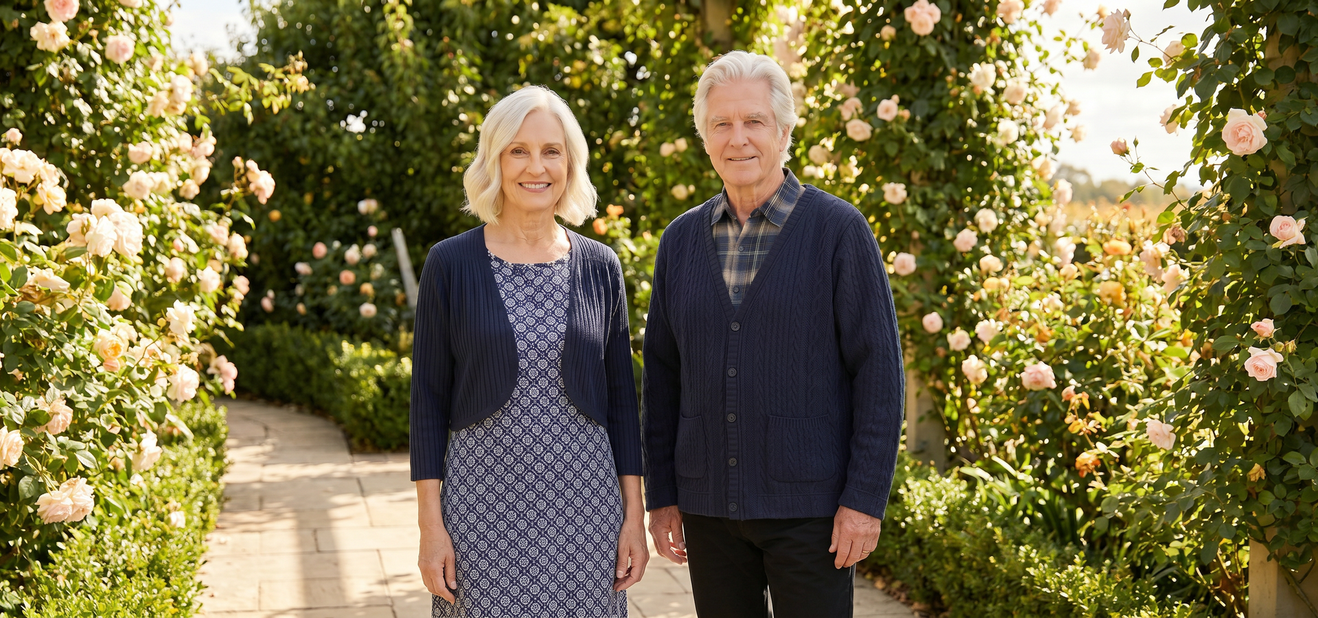 Senior couple in navy knitwear standing in a rose garden pathway