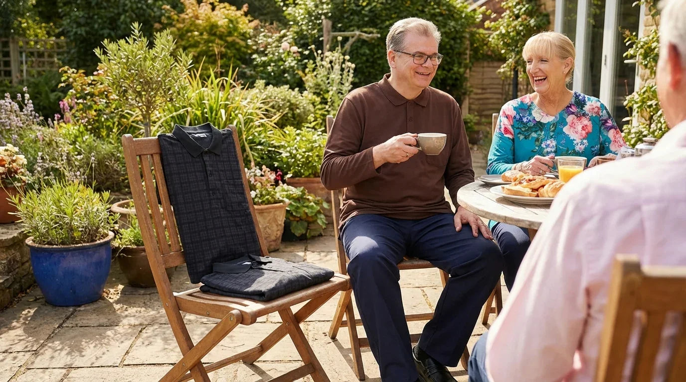 Seniors enjoying breakfast outdoors with adaptive clothing folded on a wooden chair