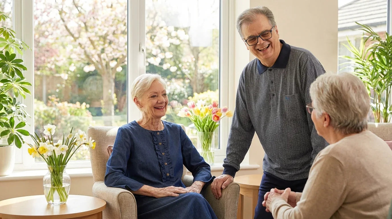 Smiling seniors enjoying conversation in a bright living room with flowers and large windows