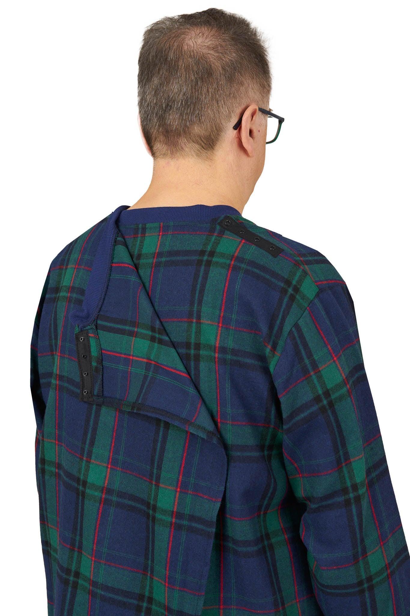 Ovidis men's adaptive nightshirt with green and blue plaid, back snap buttons visible.