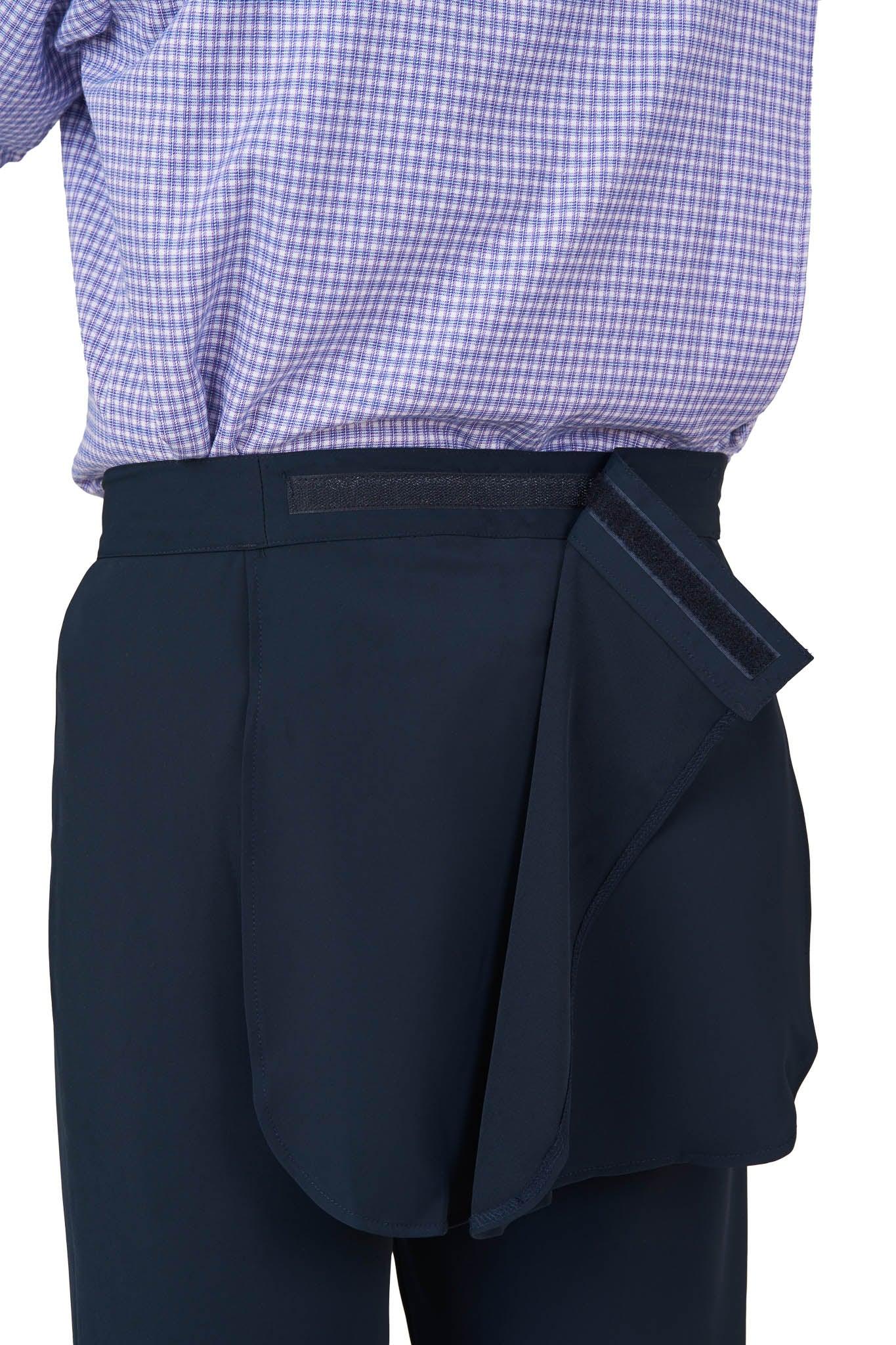 Men’s navy adaptive pants with back panel open, easy dressing for mobility challenges