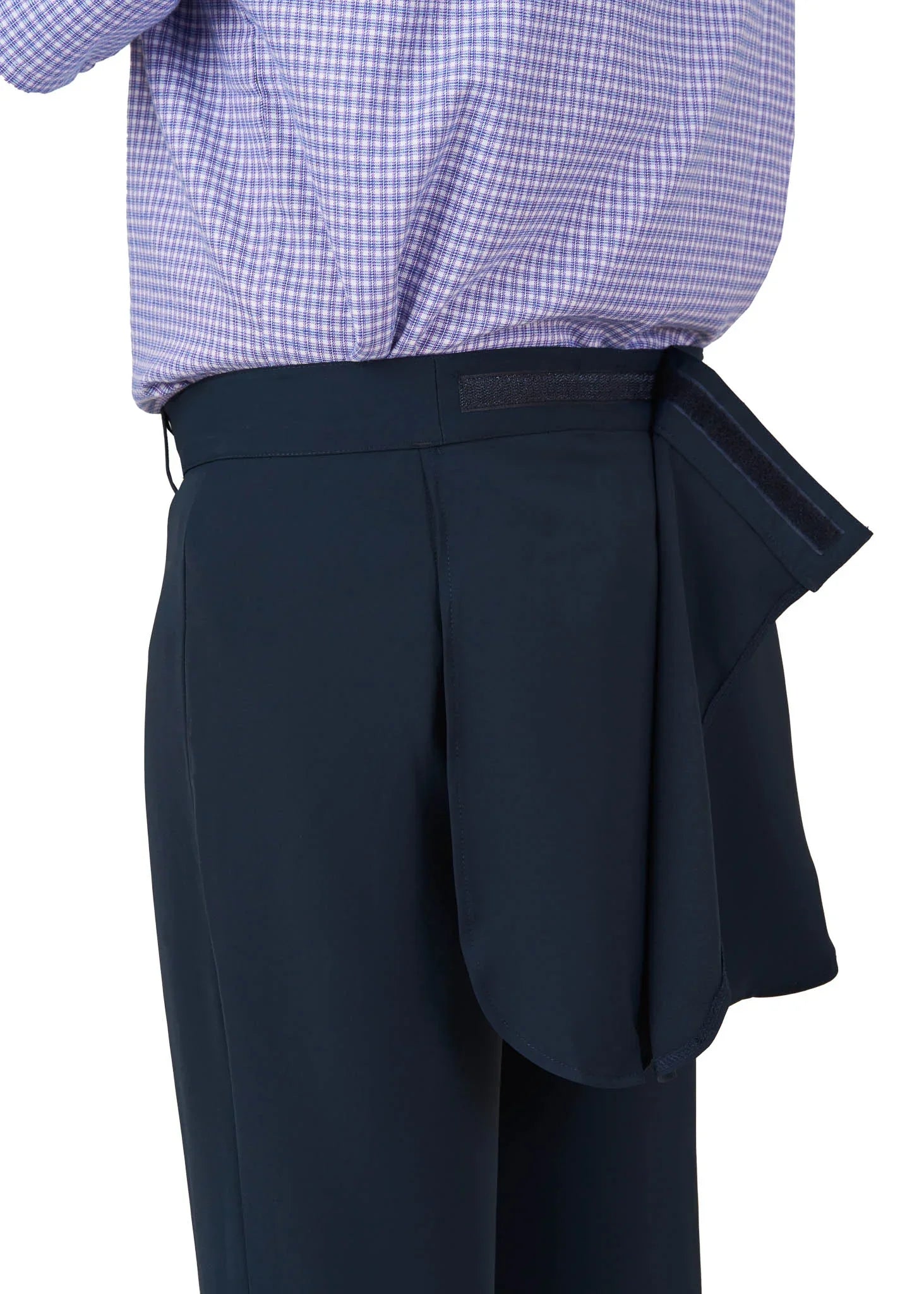 Men’s navy adaptive pants with back panel, side view, Velcro closure for easy assisted dressing