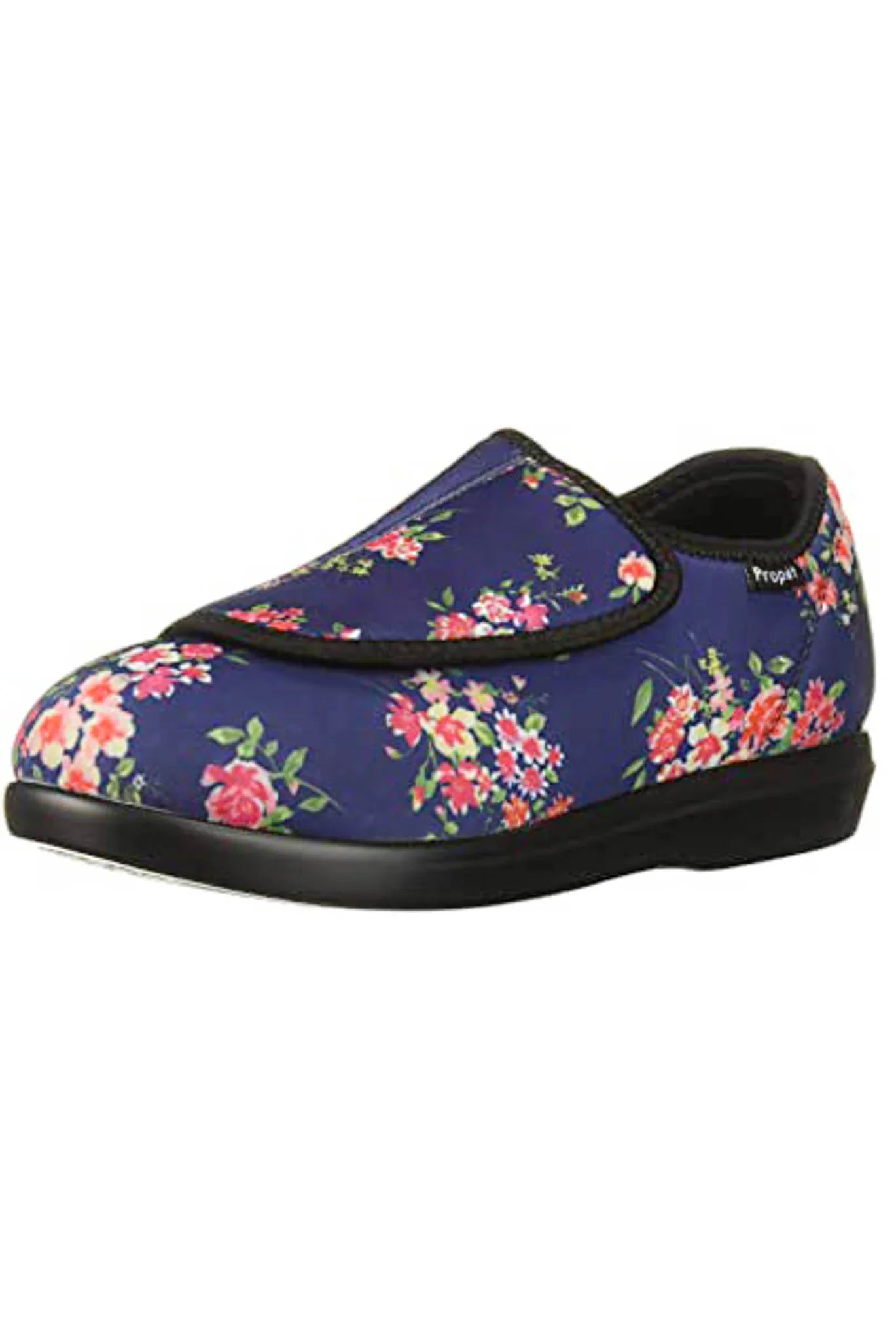 Navy adaptive floral slipper for seniors, easy-access design by Ovidis Adaptive Wear