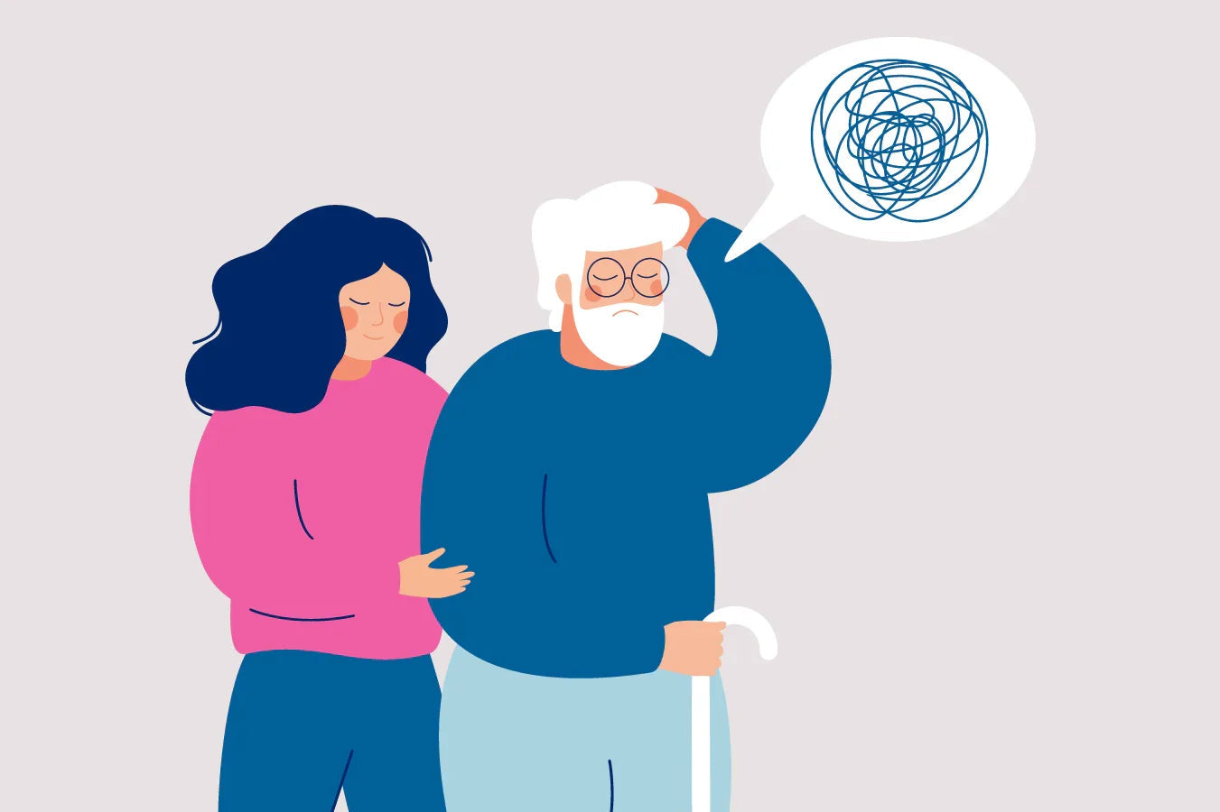 Illustration of a senior man with a cane, looking confused, supported by a woman, symbolizing dementia care and adaptive clothing from Ovidis.