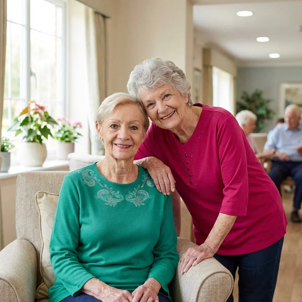 Two smiling senior women in adaptive clothing sitting in a bright, cozy living room.