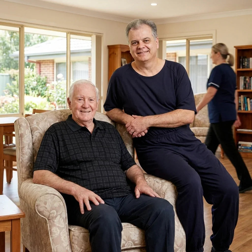 Seniors in adaptive clothing in a bright living room with a caregiver walking by