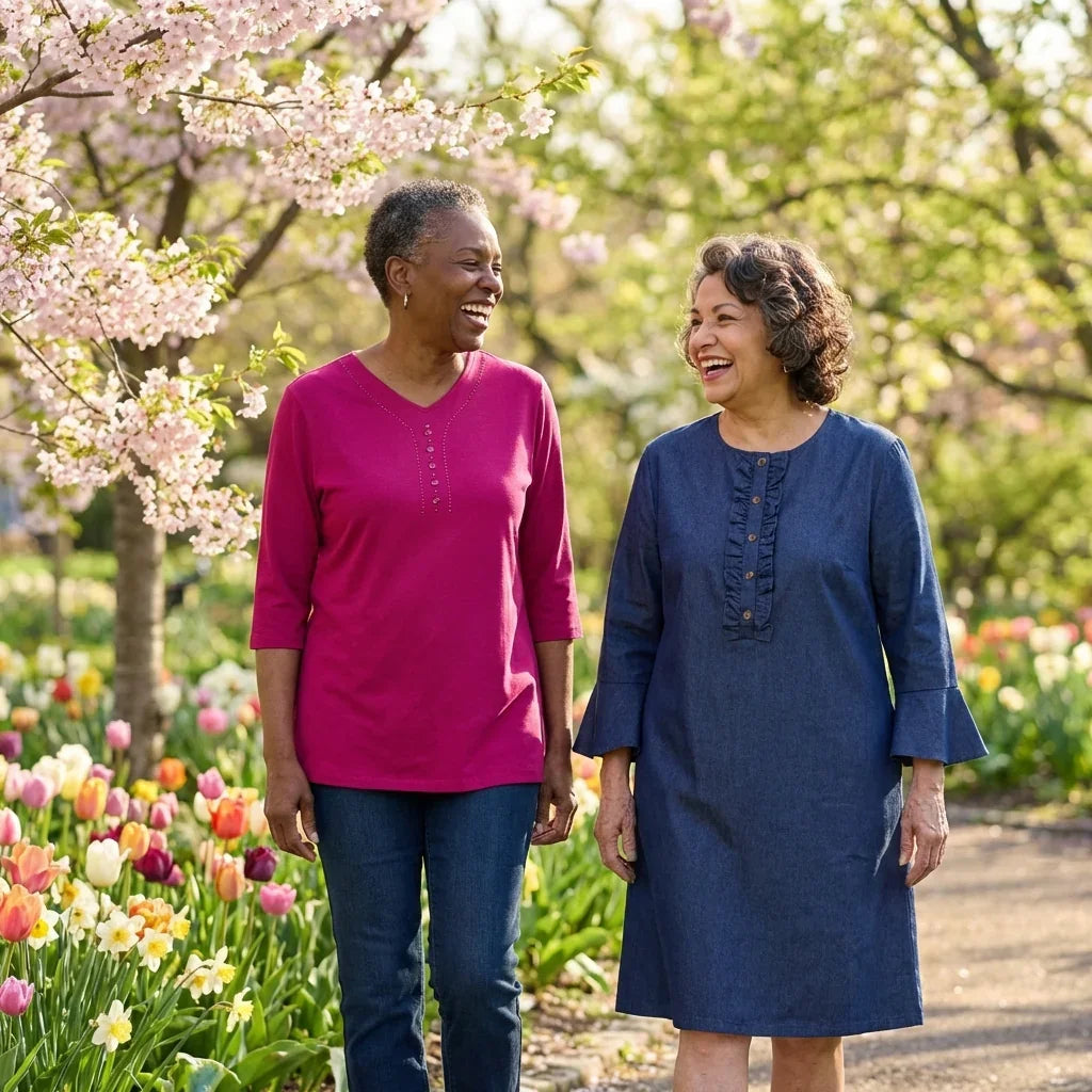 Two senior women wearing adaptive clothing, smiling and walking in a flower garden with blooming trees.