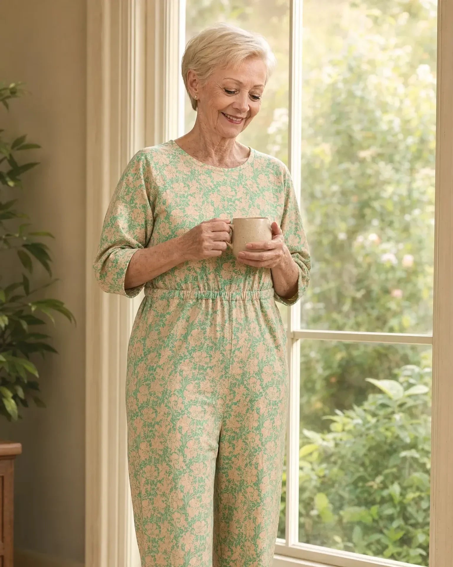 Senior woman wearing Ovidis Carrie adaptive jumpsuit in apple green floral print, standing by a bright window holding a morning coffee — adaptive clothing for dementia and Alzheimer's care