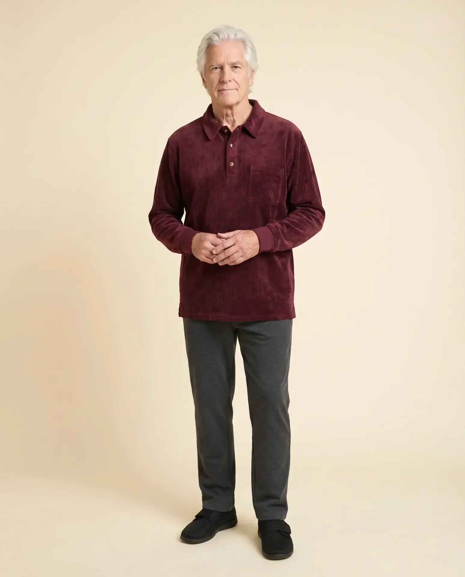 Senior man wearing Ovidis adaptive Thomas Burgundy corduroy polo shirt, easy assisted dressing for seniors