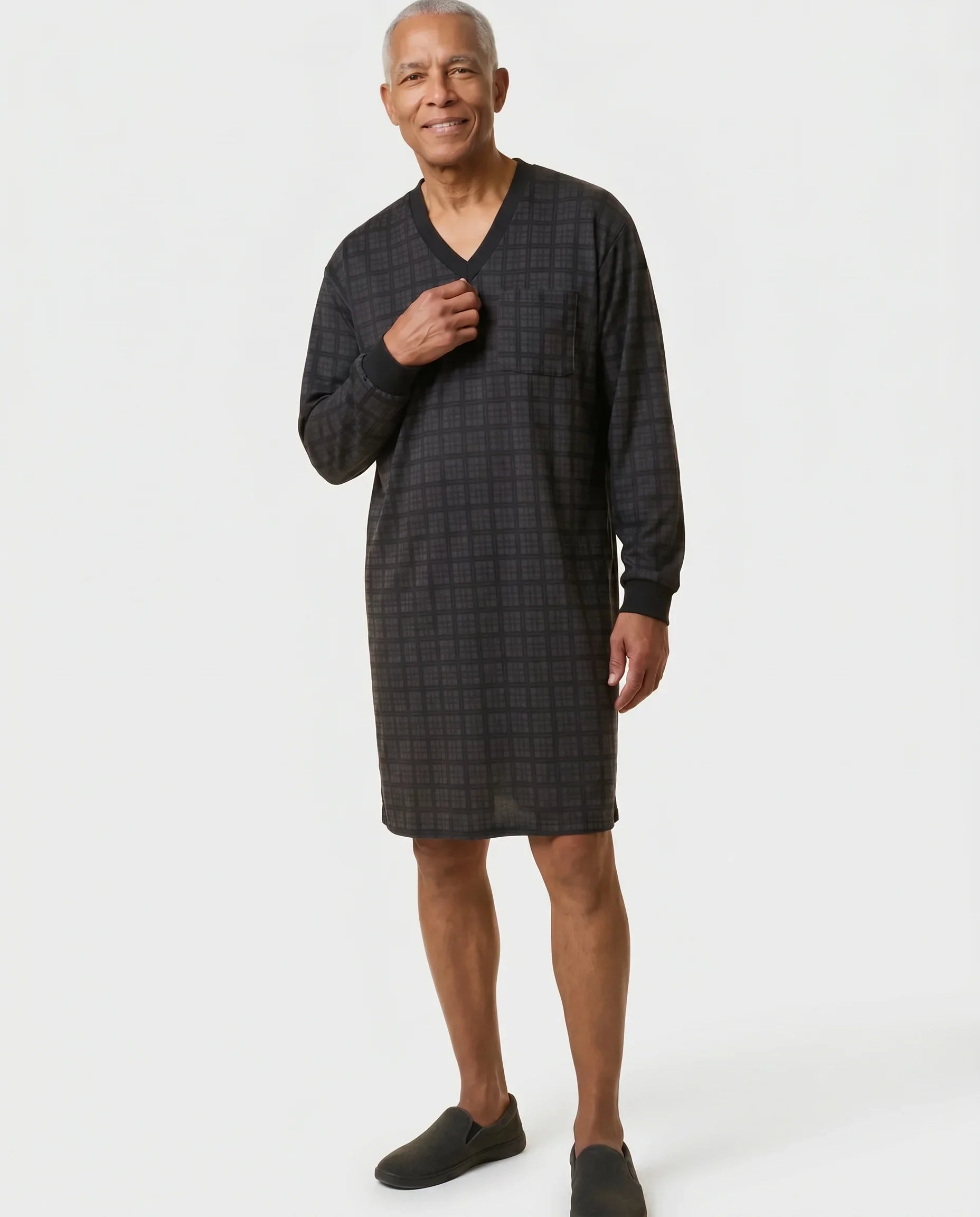 Senior man wearing Billy Nightshirt in Black Check, front view
