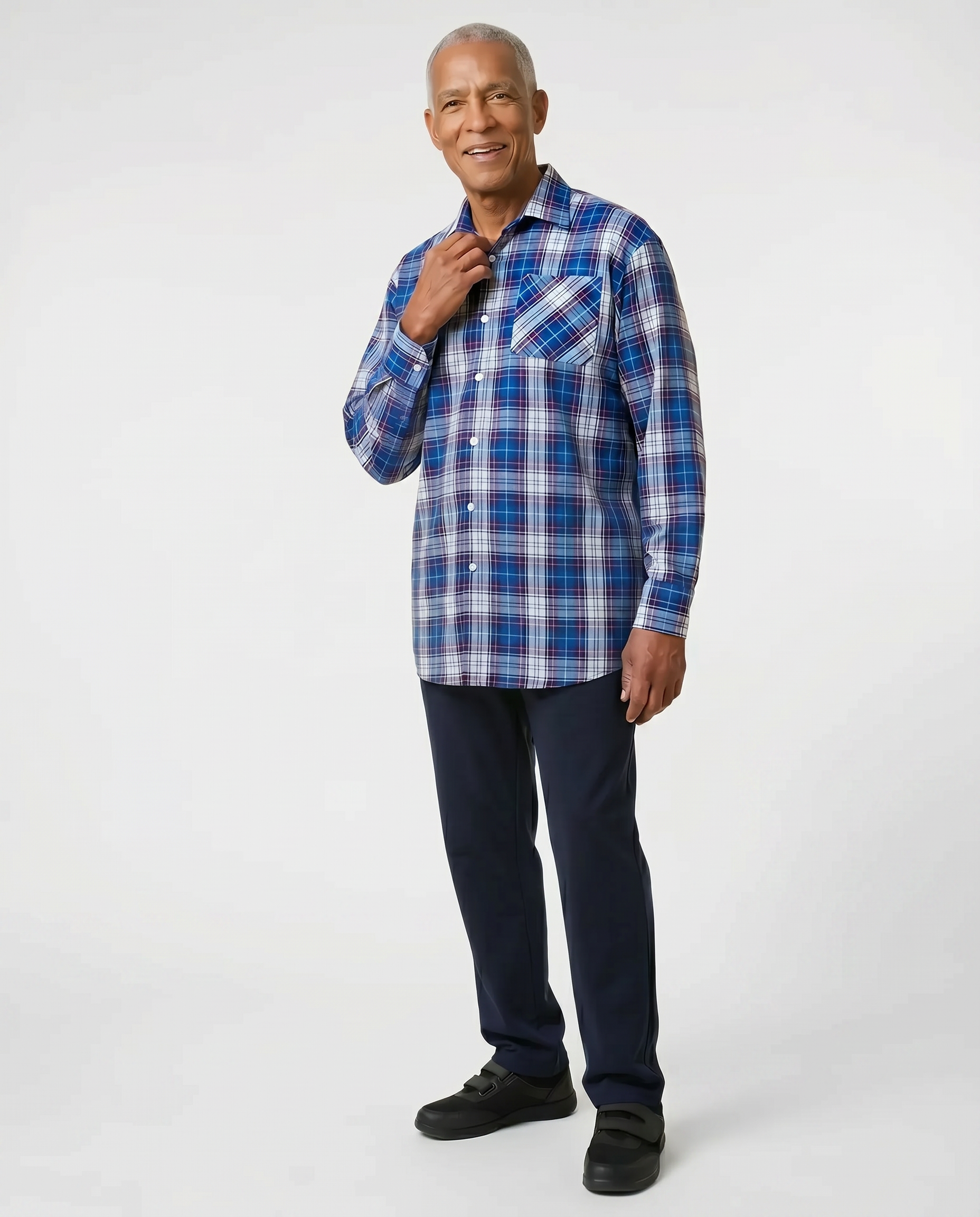 Senior man wearing Ovidis adaptive Brian Royal Blue plaid shirt, easy assisted dressing for seniors