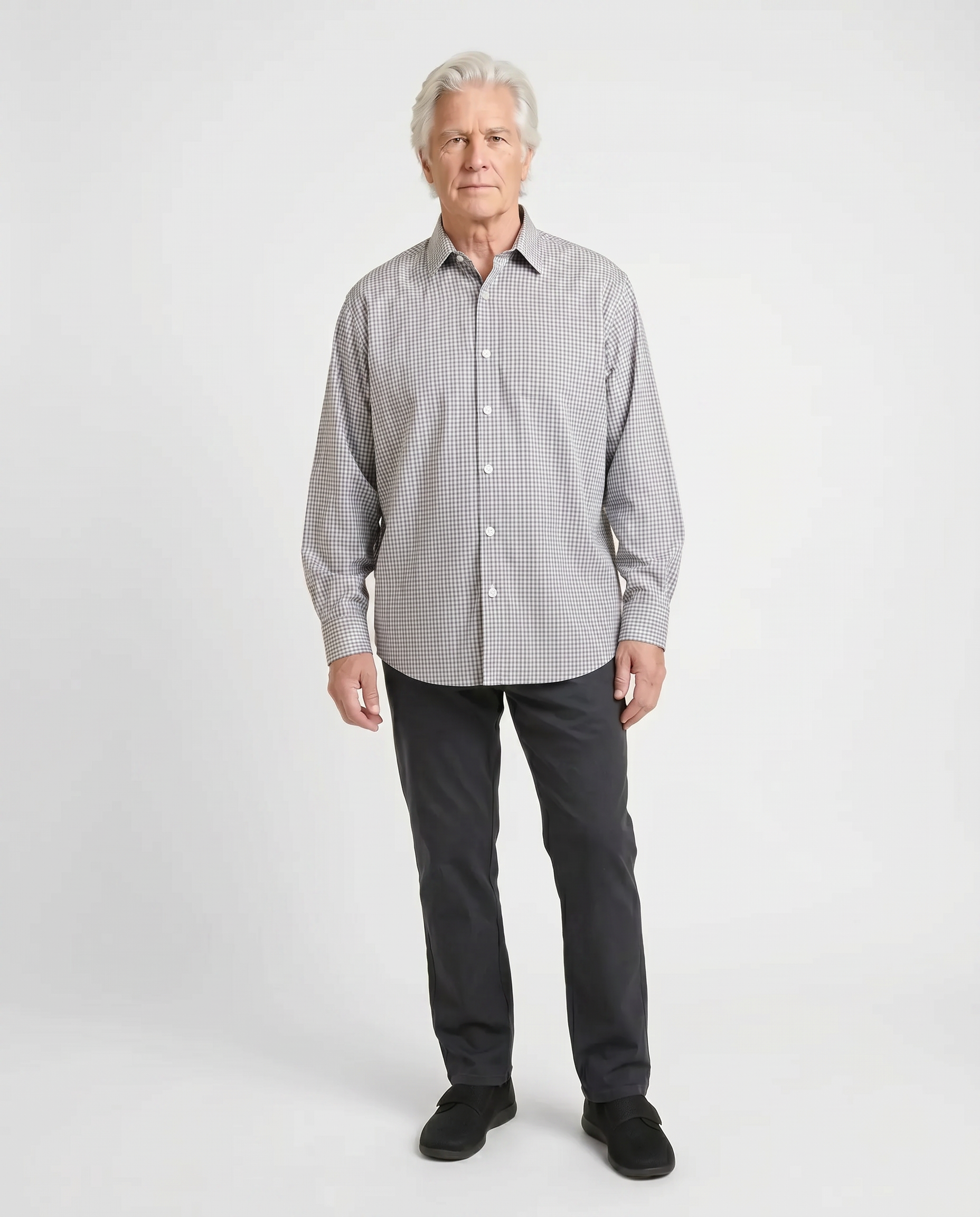 Senior man wearing Ovidis adaptive Brian Sand windowpane check shirt, easy assisted dressing for seniors