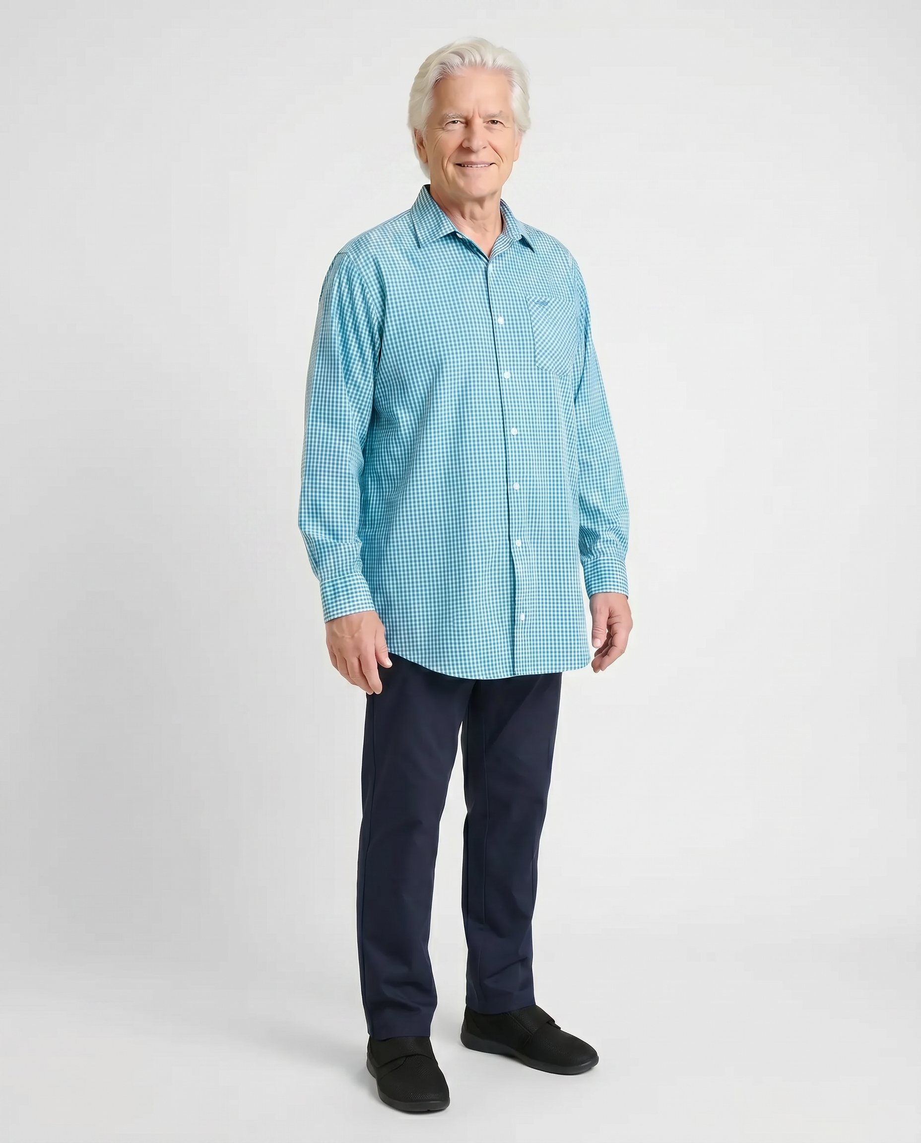 Senior man wearing Ovidis adaptive Brian Turquoise gingham shirt, easy assisted dressing for seniors