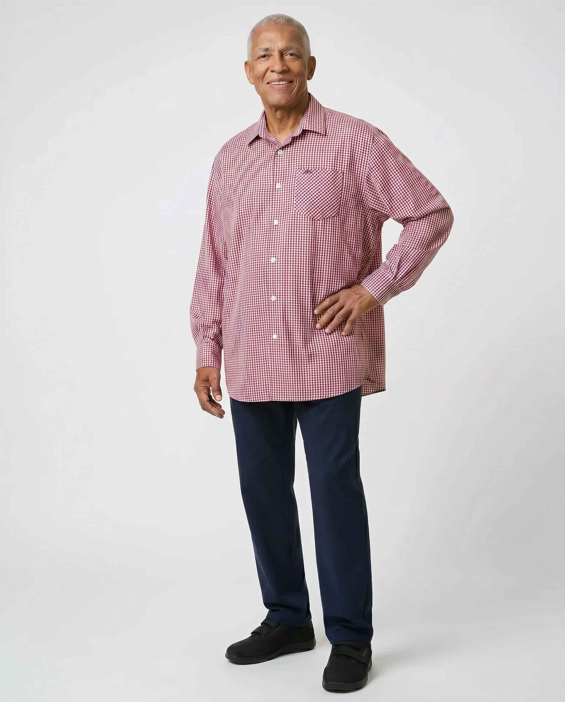 Senior man wearing Ovidis adaptive Brian Wine gingham shirt, easy assisted dressing for seniors