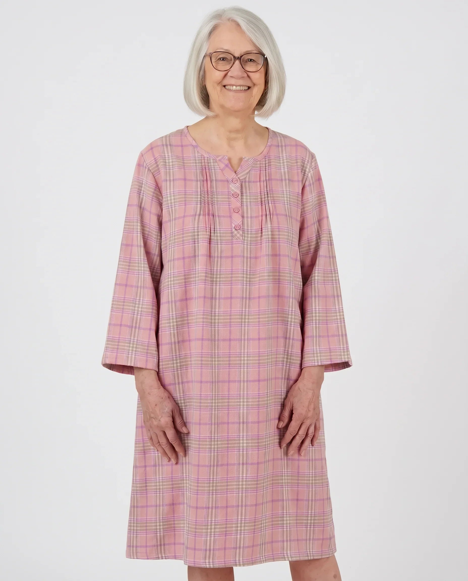 Senior woman wearing Elsa Nightgown in Flamingo pink plaid, front view