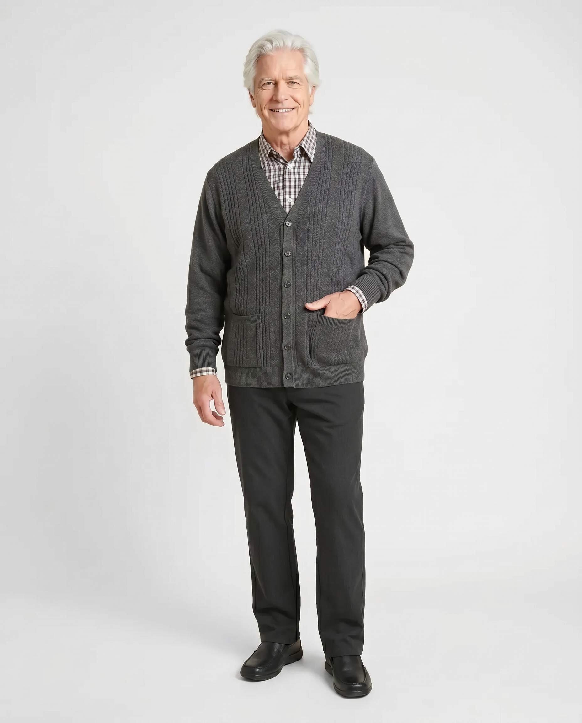 Senior man wearing Ovidis Heritage Cardigan in heathered charcoal grey