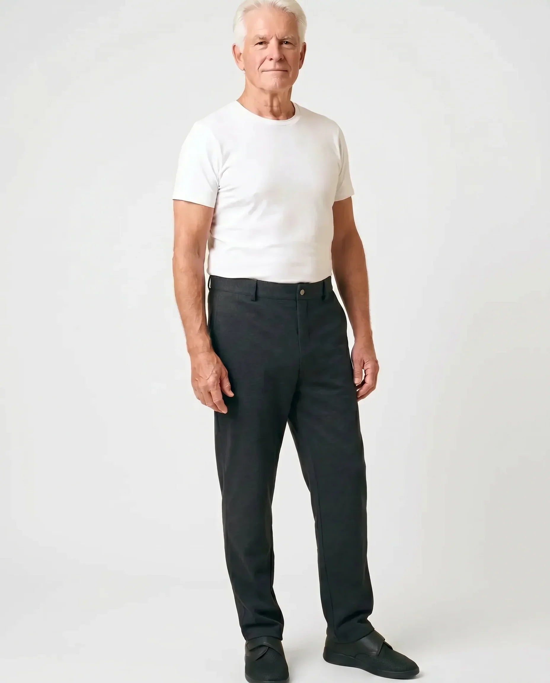Senior man wearing Ovidis Jack Pants in Charcoal, full body front view