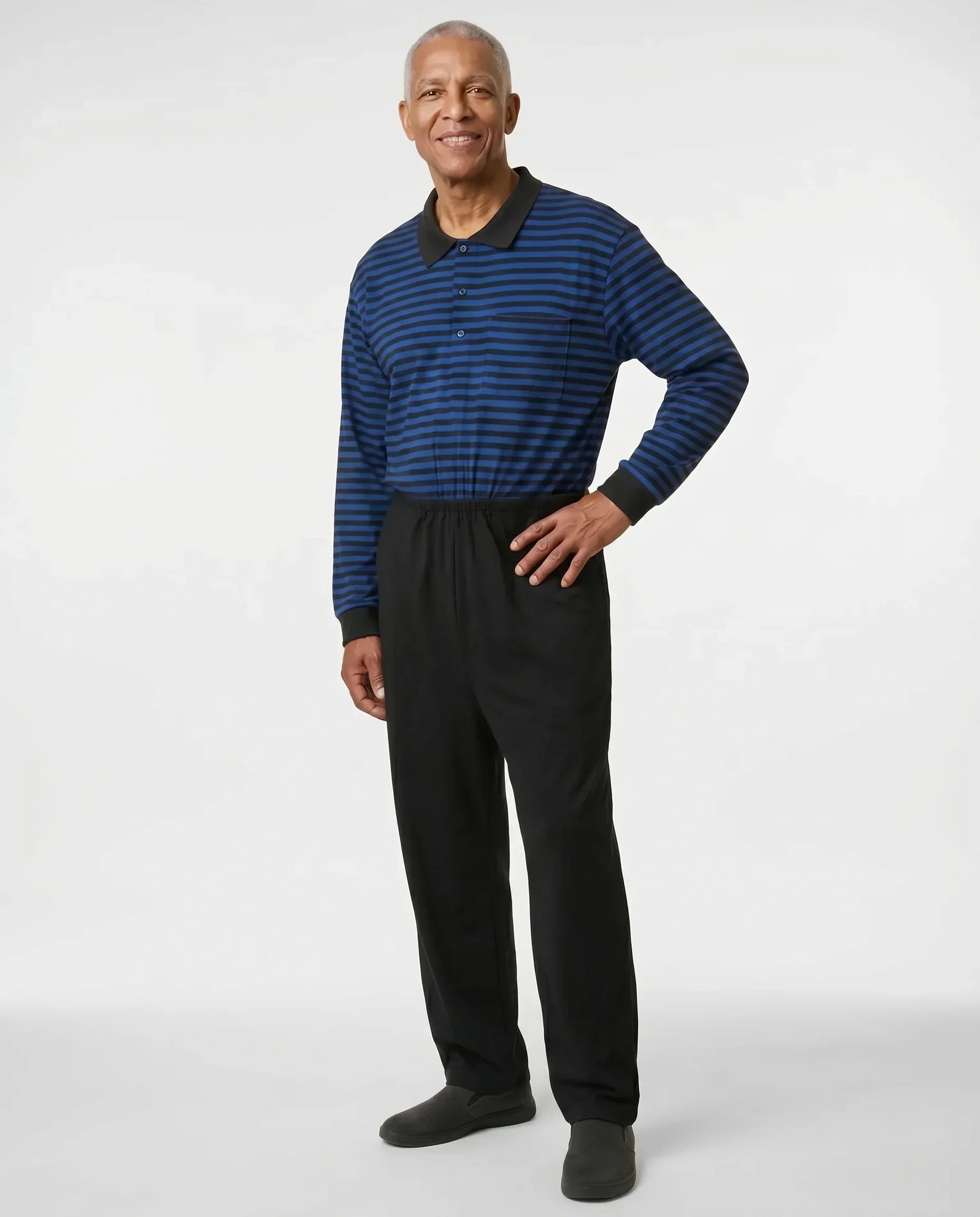 Senior man wearing James Blue adaptive jumpsuit, full body front view