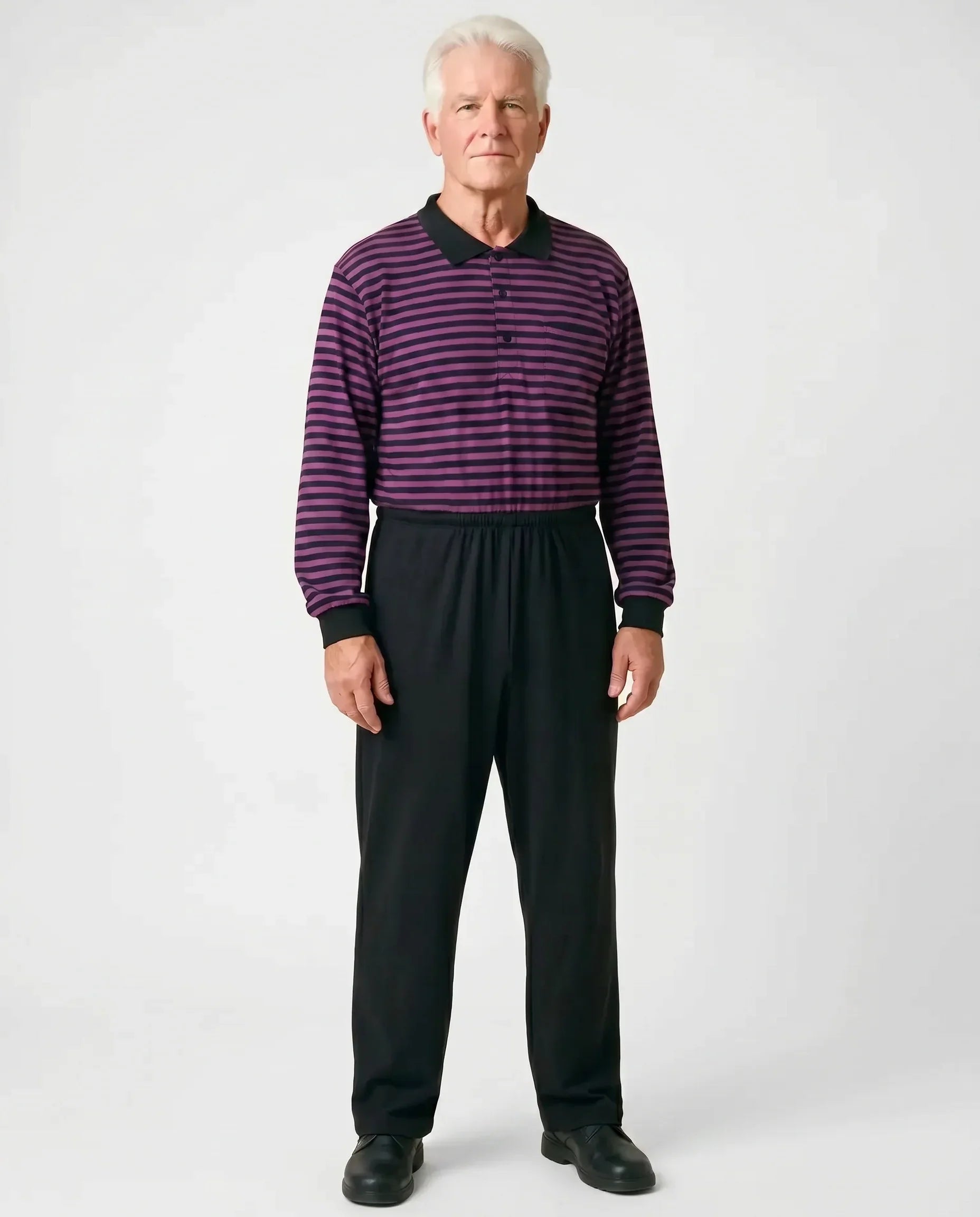 Senior man wearing James Mauve adaptive jumpsuit, full body front view