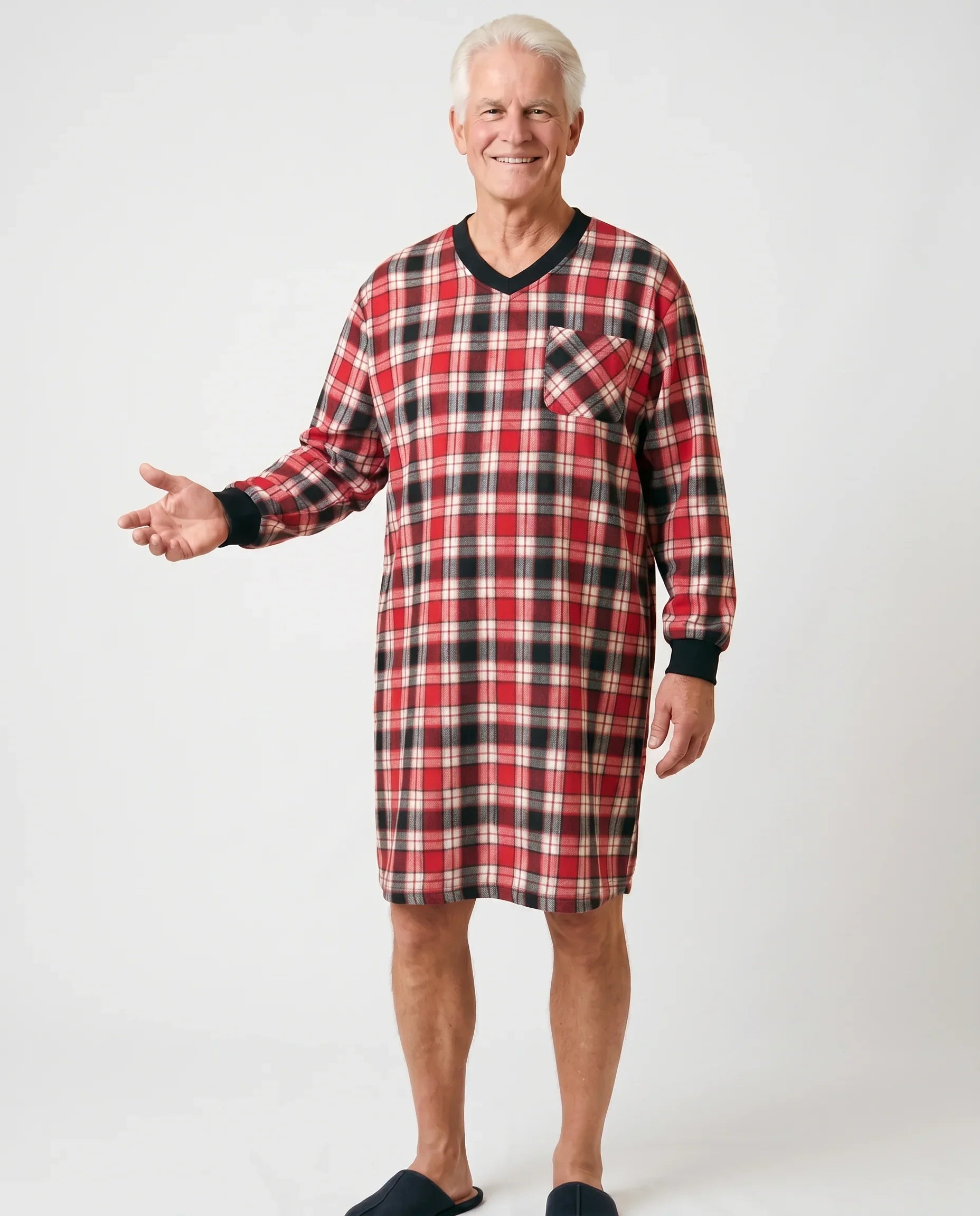 Senior man wearing Joey Nightshirt in Red plaid, front view