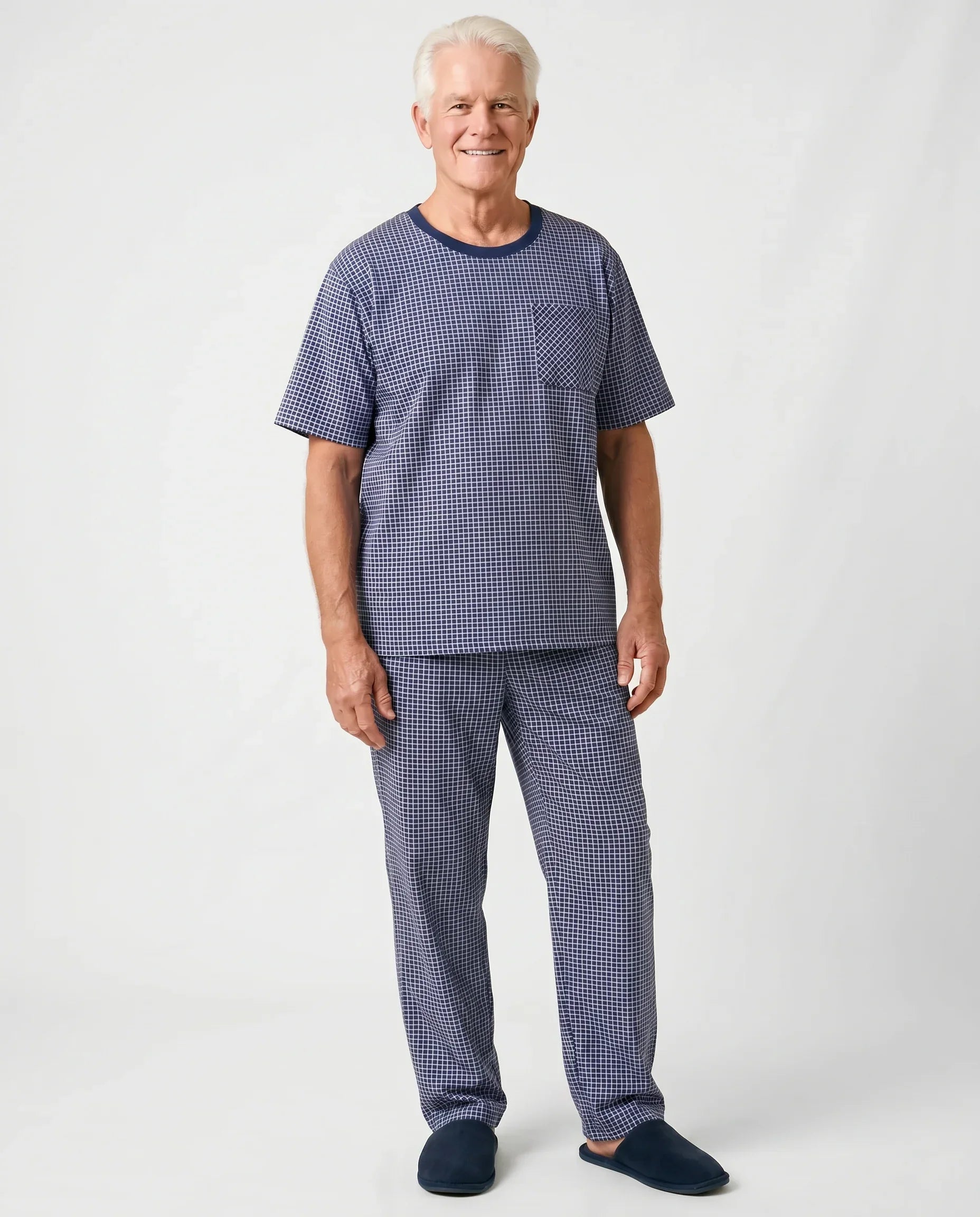 Senior man wearing Jules Pajama Set in Navy, front view