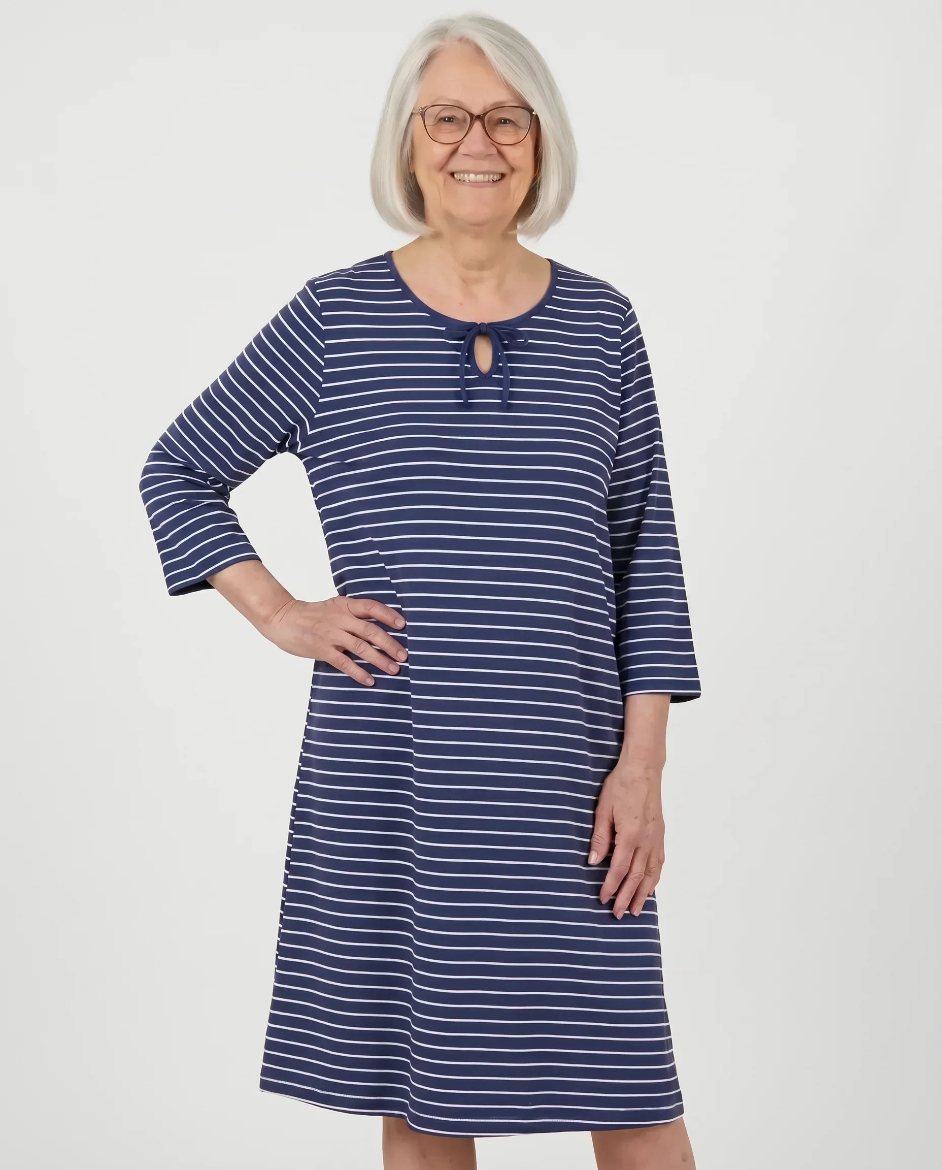 Senior woman wearing Lea Nightgown in Indigo plaid, front view
