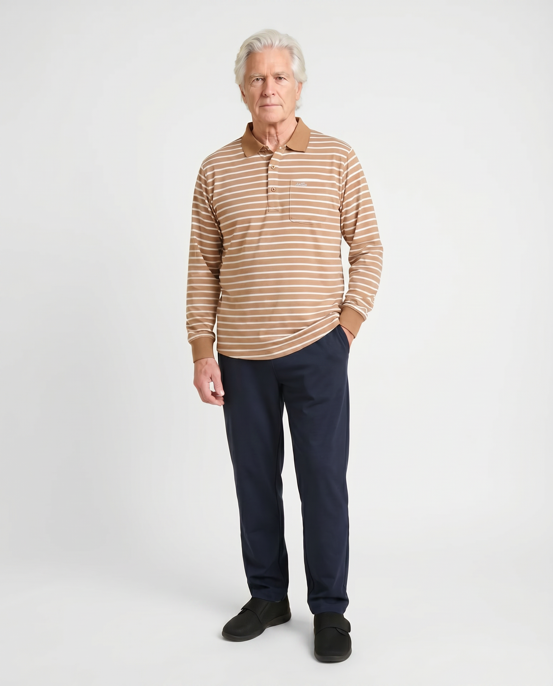 Senior man wearing Ovidis adaptive brown striped long-sleeve Lucas polo