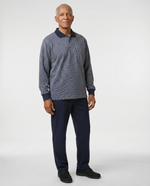 Senior man wearing Ovidis adaptive Lucas Eclipse jacquard polo shirt, easy assisted dressing for seniors