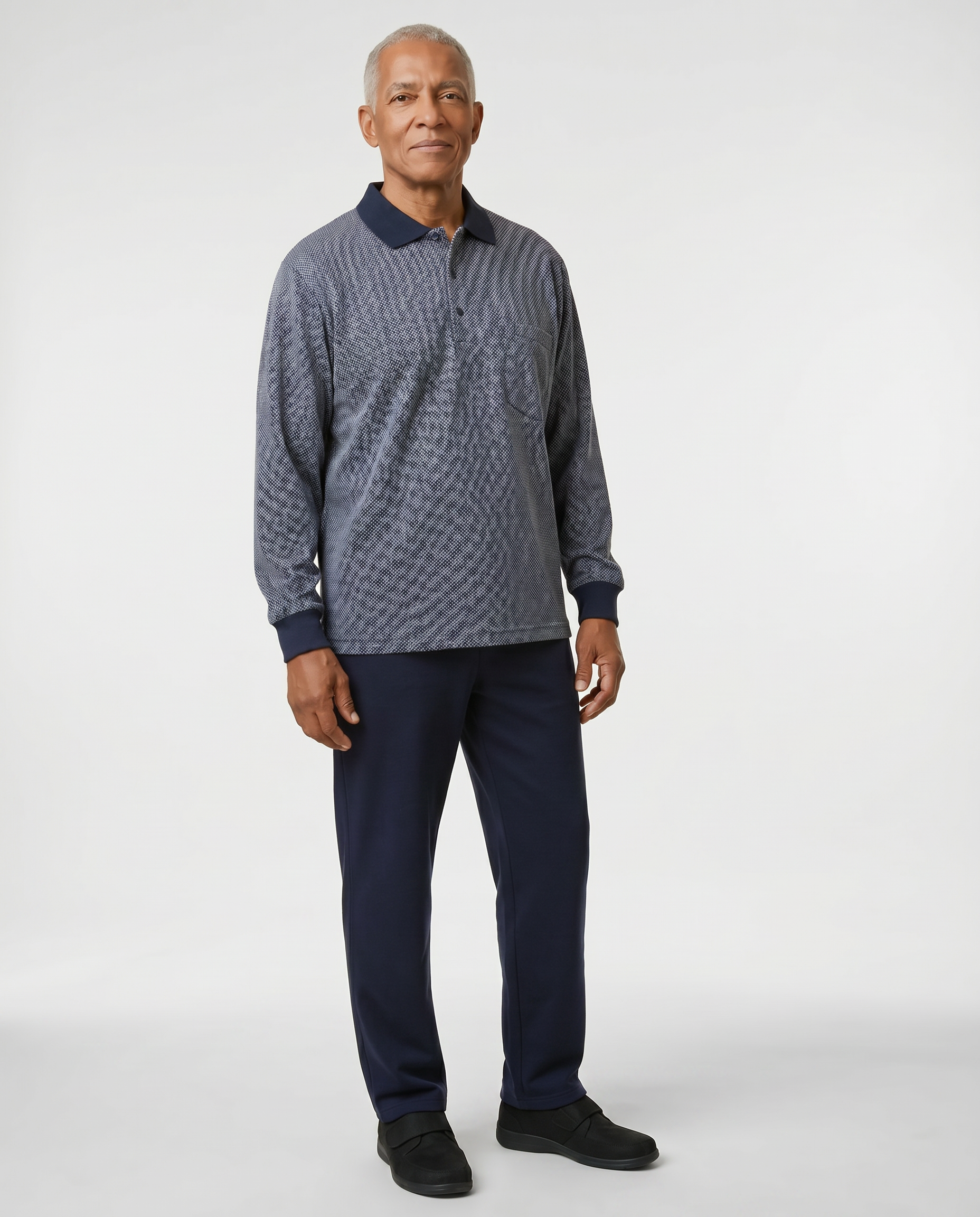 Senior man wearing Ovidis adaptive Lucas Eclipse jacquard polo shirt, easy assisted dressing for seniors
