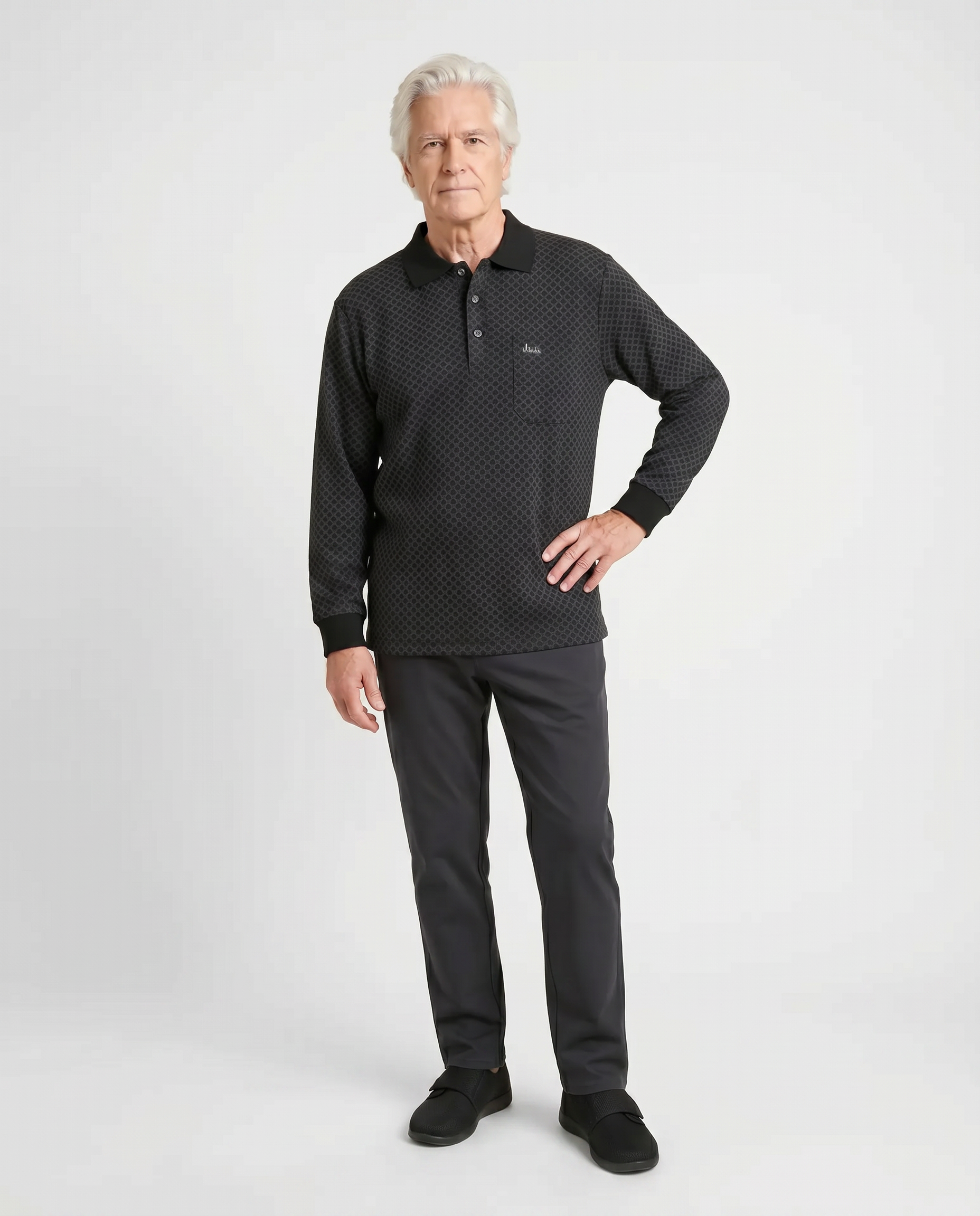 Senior man wearing Ovidis adaptive Lucas Graphite jacquard polo shirt, easy assisted dressing for seniors