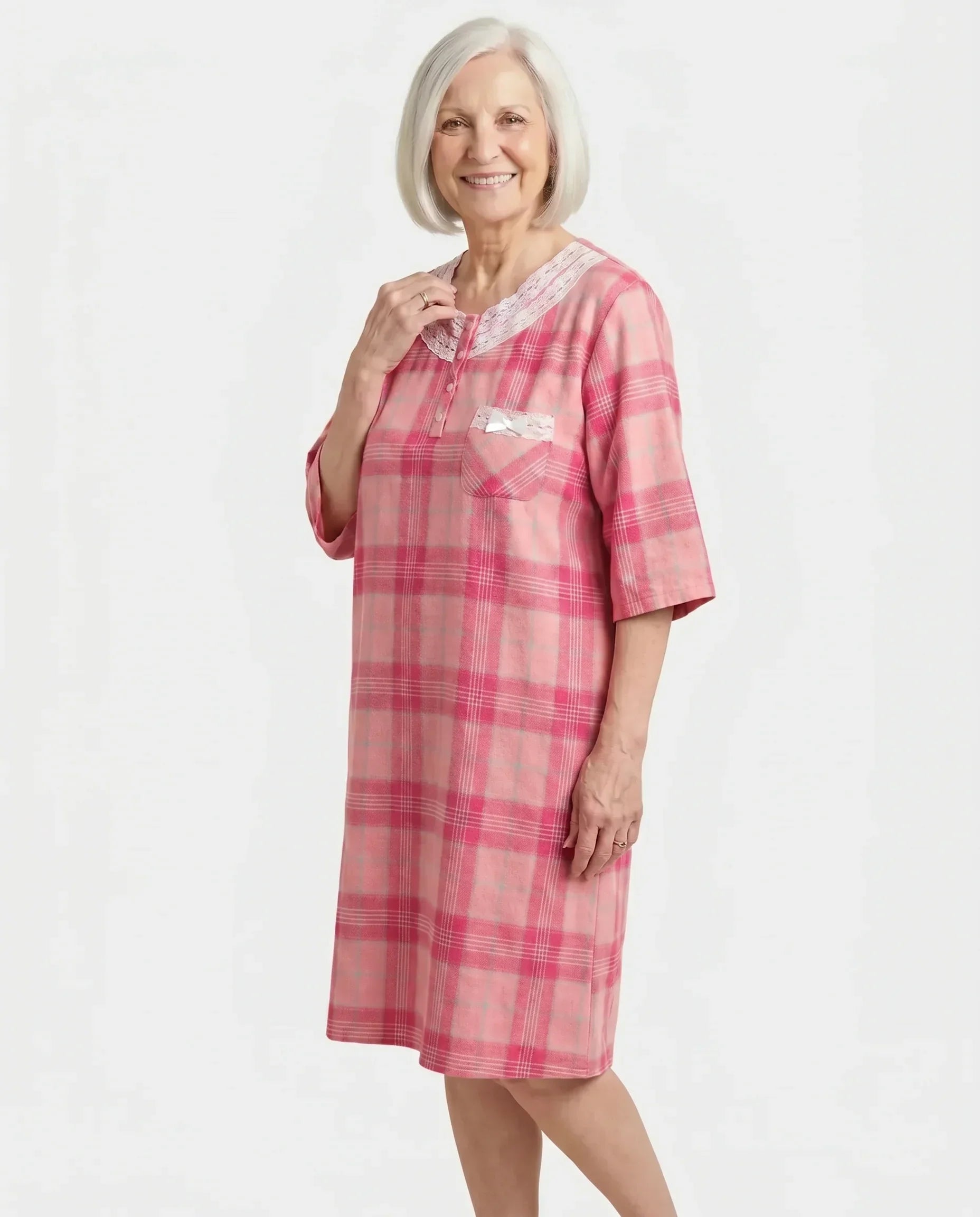 Senior woman wearing Mandy Nightgown in Orchid pink plaid, front view