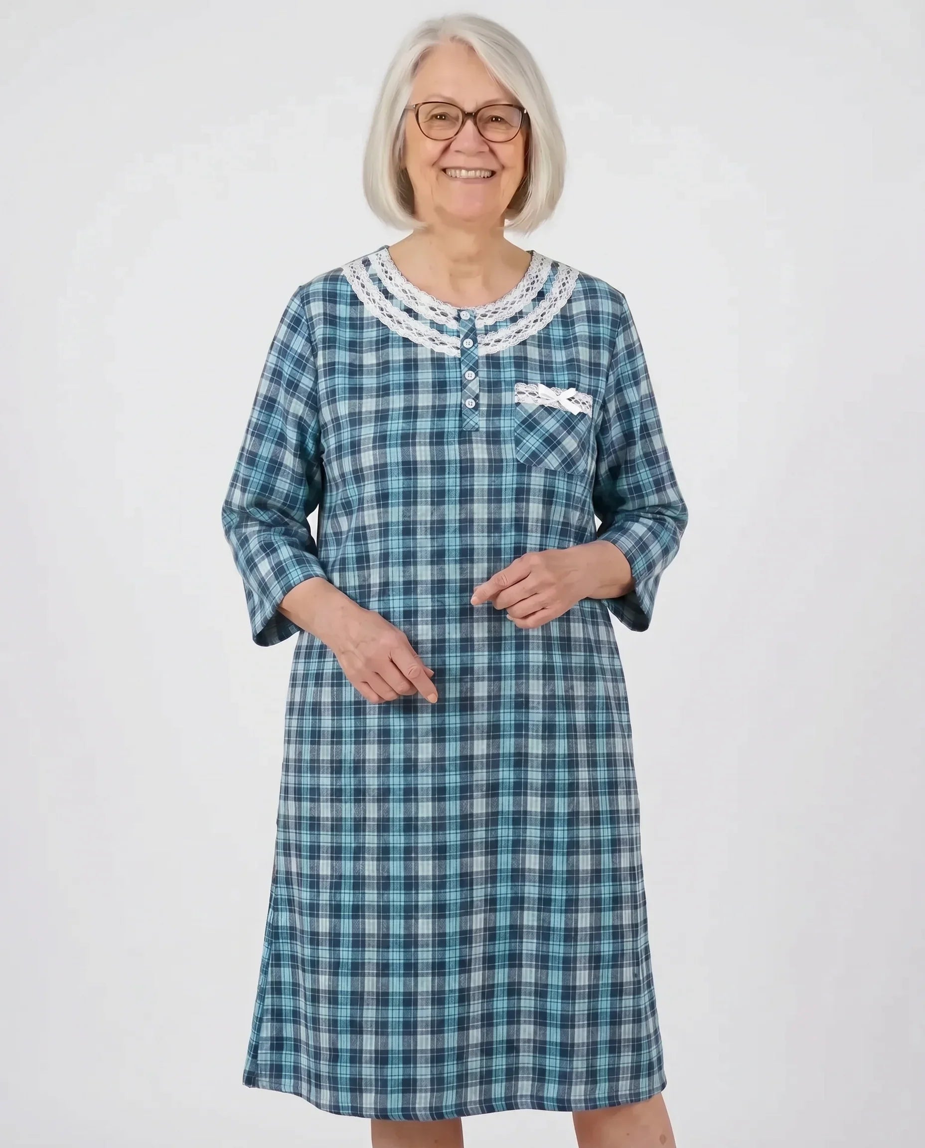 Senior woman wearing Mandy Nightgown in Turquoise plaid, front view