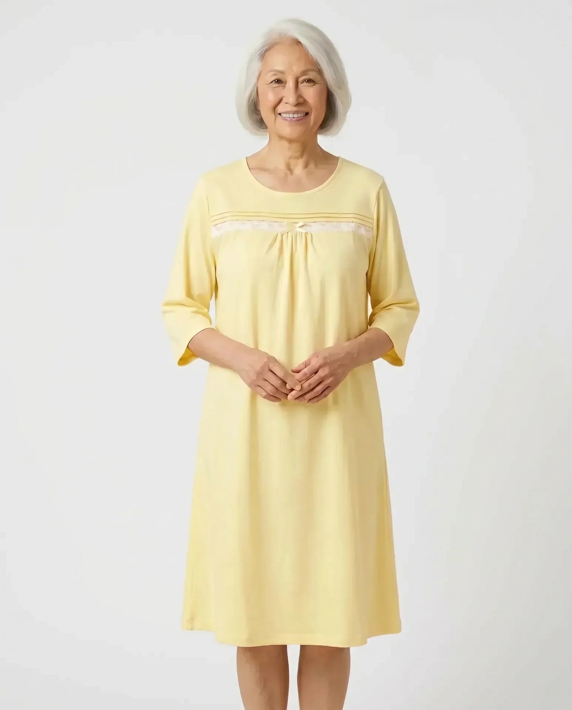 Senior woman wearing Olivia Nightgown in Honeysuckle, front view