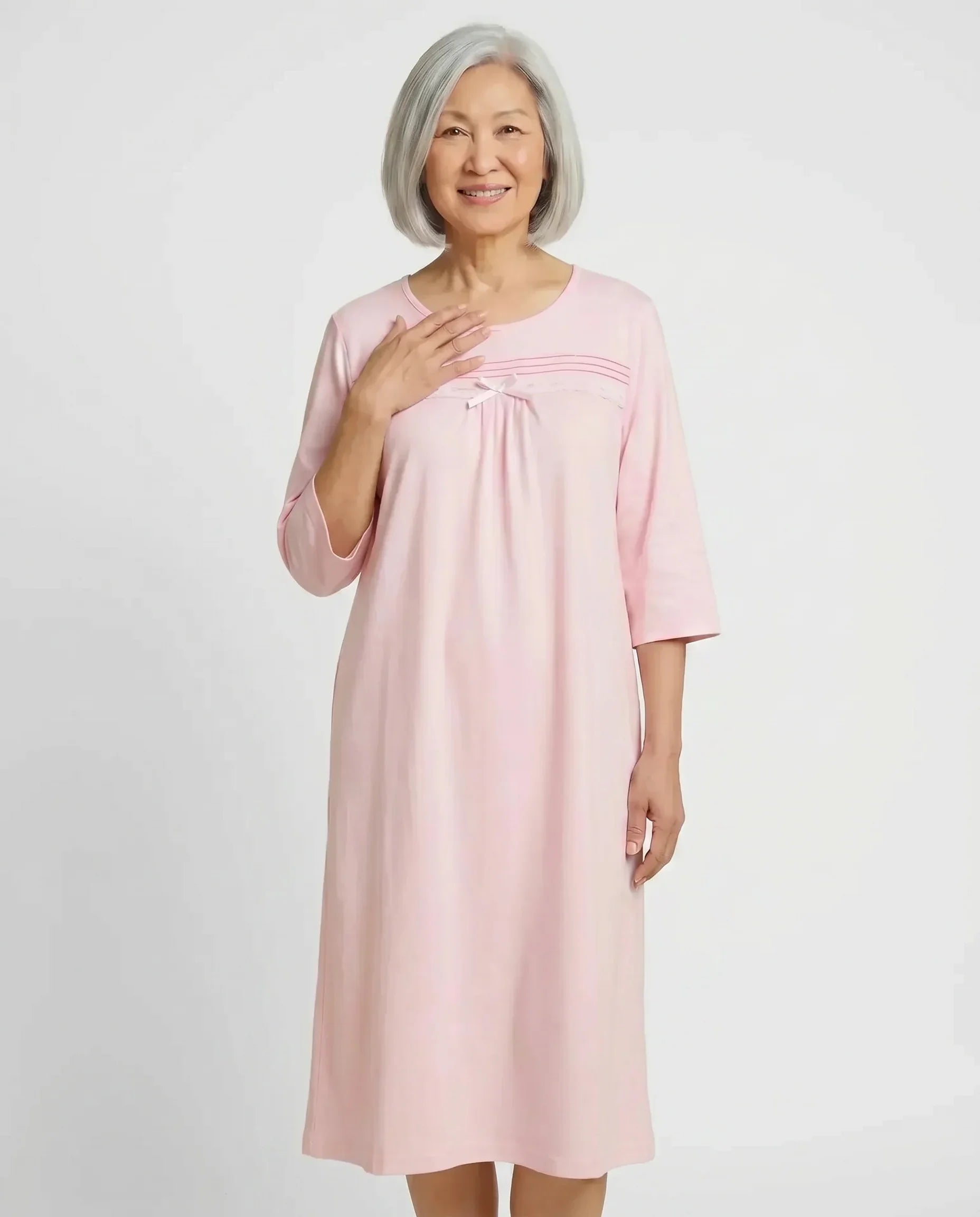 Senior woman wearing Olivia Nightgown in Pink, front view