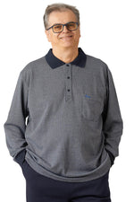 Smiling man wearing Ovidis adaptive long-sleeve shirt for seniors, front view