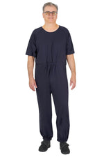 Man wearing Ovidis adaptive navy anti-strip Alzheimer’s jumpsuit for seniors