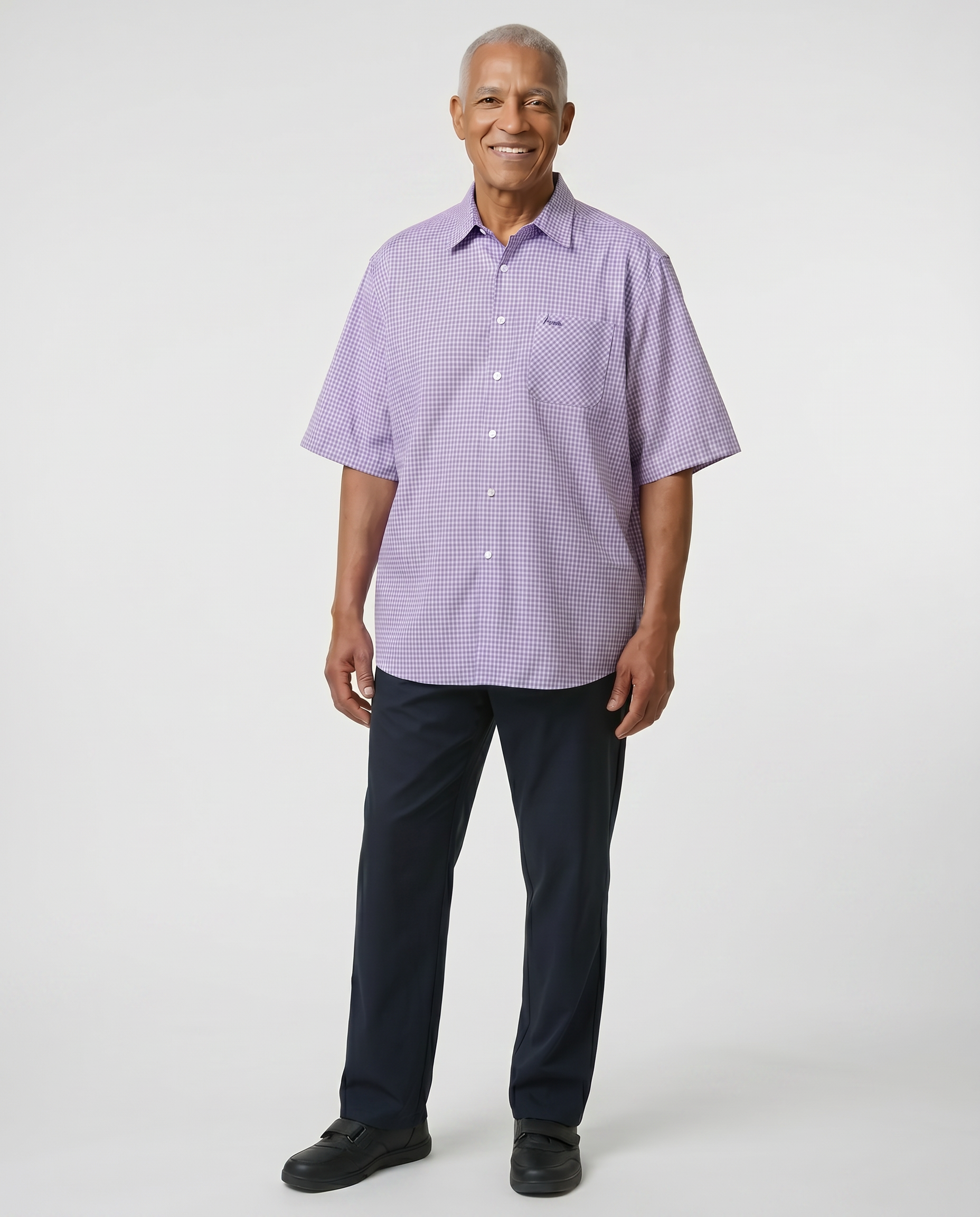 Senior man wearing Ovidis adaptive Paolo Purple gingham short sleeve shirt, easy assisted dressing for seniors