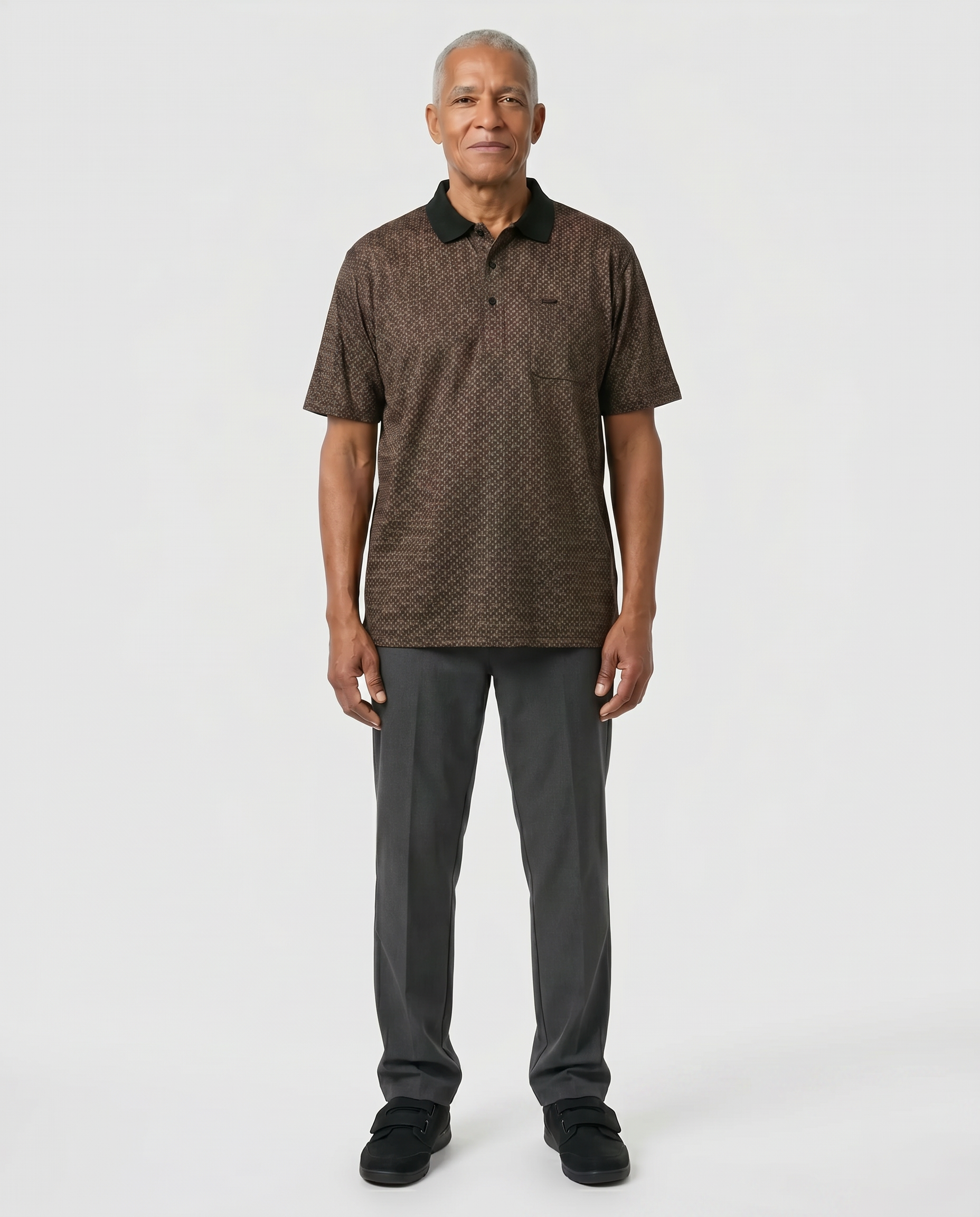 Senior man wearing Ovidis adaptive Ralfie Tan polo shirt, easy assisted dressing for seniors
