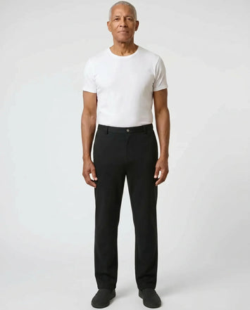 Senior man wearing Ovidis Stan Pants in Black, full body front view