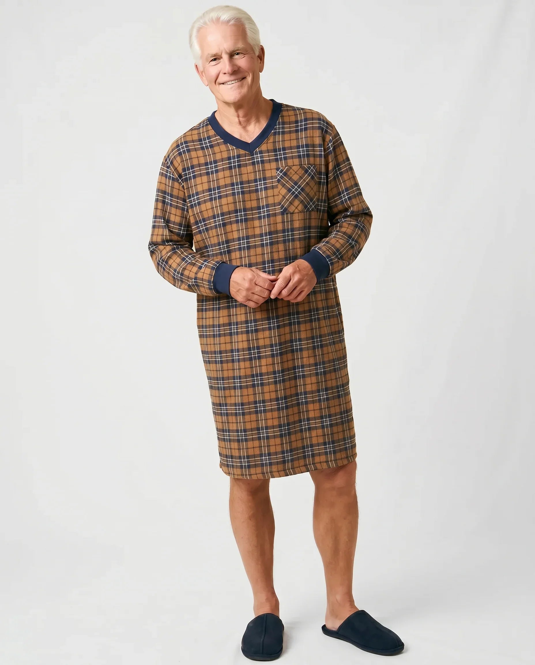 Senior man wearing Stewart Nightshirt in Amber plaid, front view