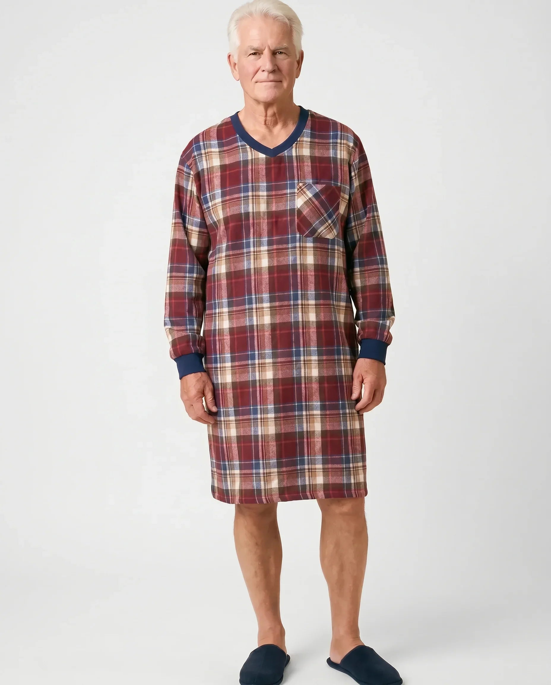 Senior man wearing Stewart Nightshirt in Burgundy plaid, front view