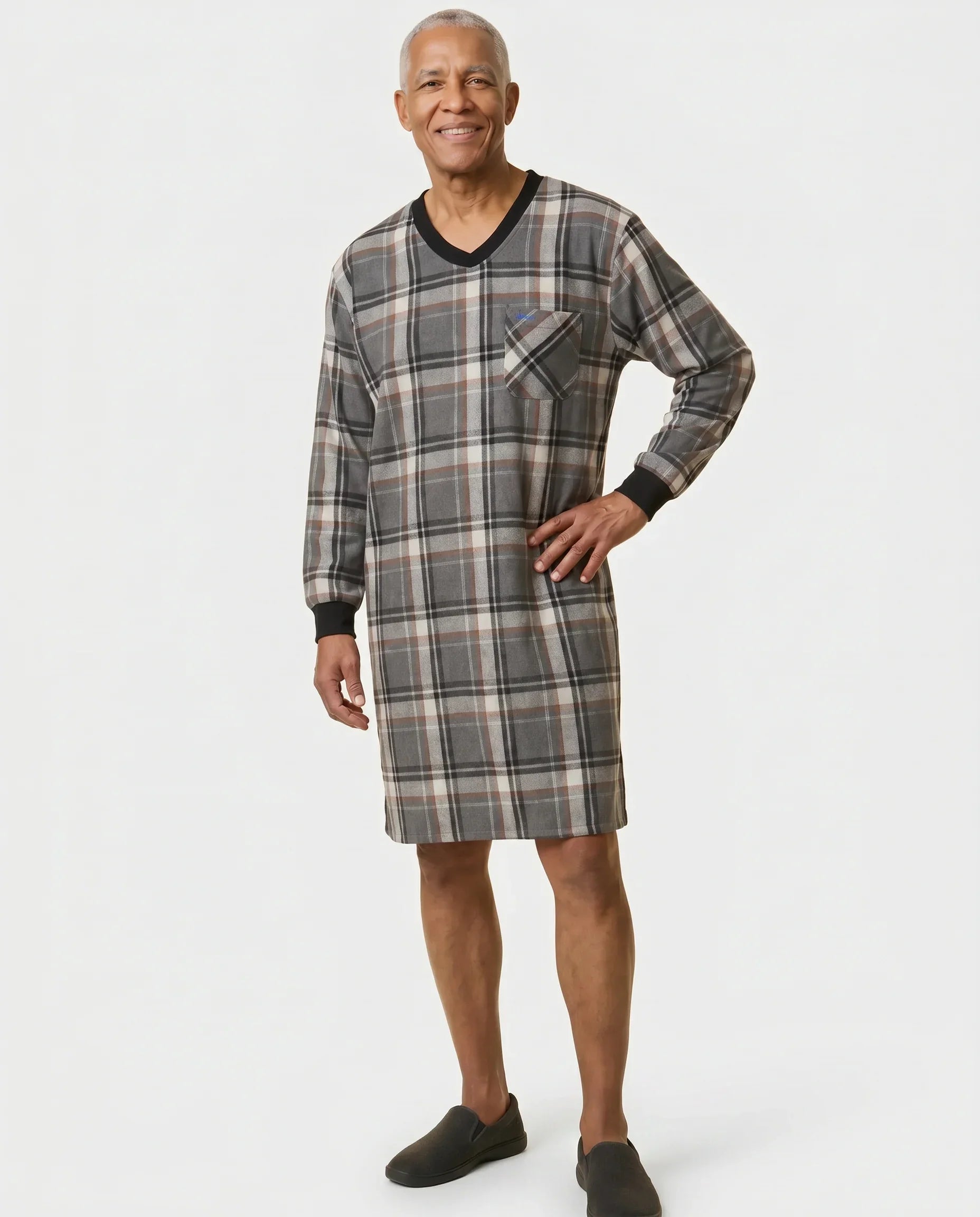 Senior man wearing Stewart Nightshirt in Grey plaid, front view