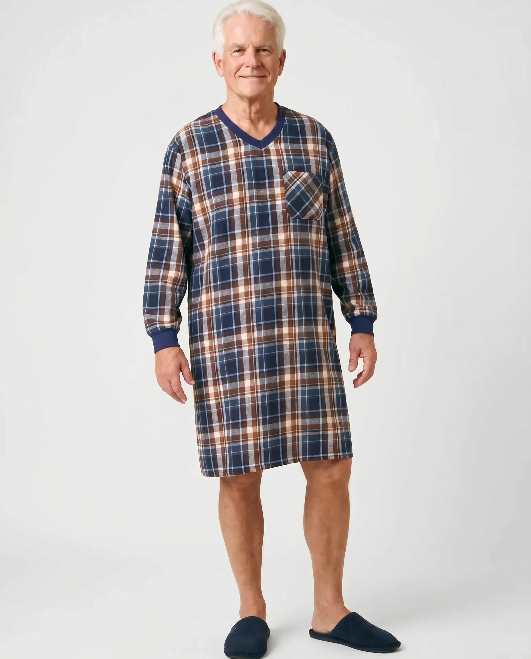 Senior man wearing Stewart Nightshirt in Indigo plaid, front view