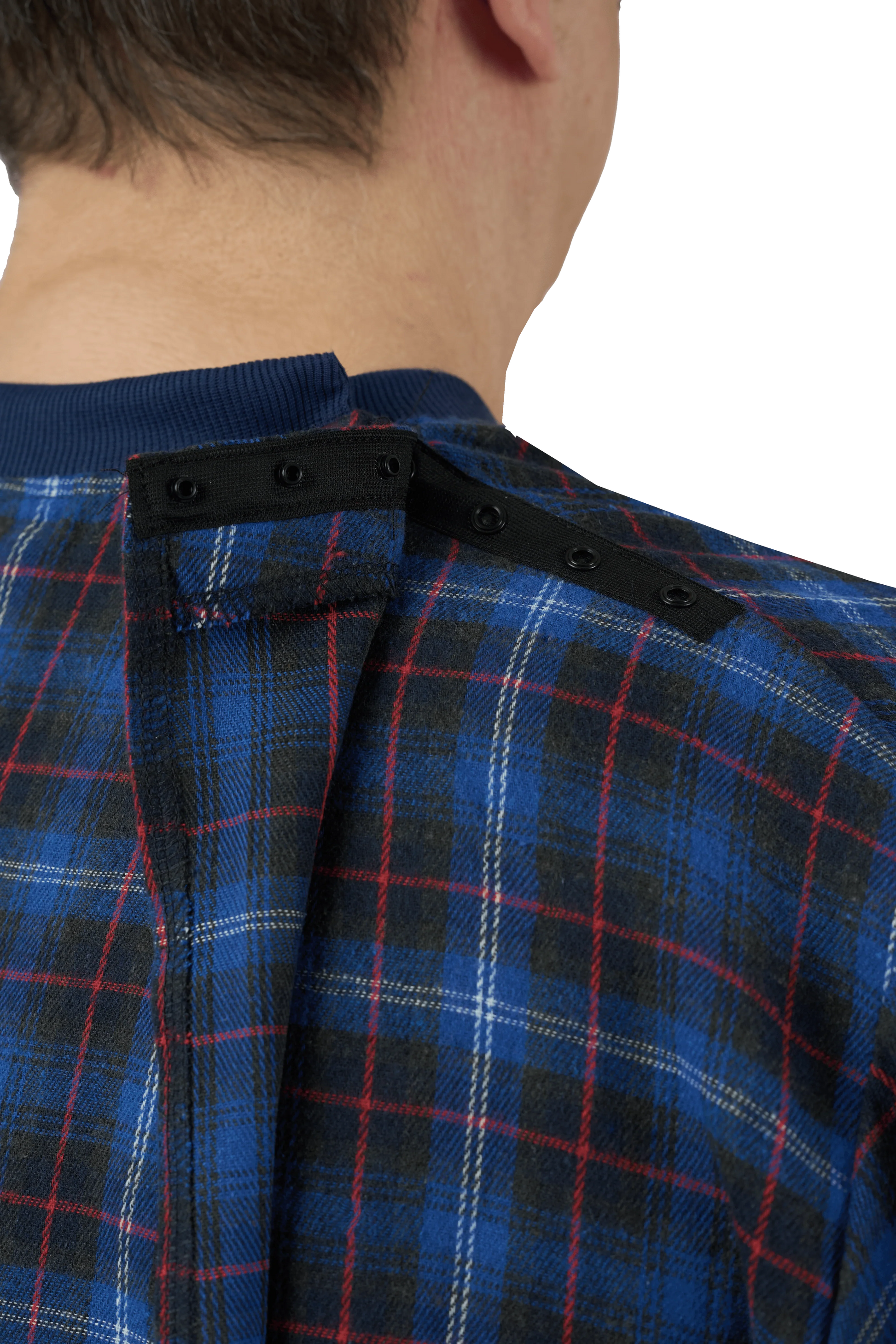 Blue plaid adaptive shirt with back snap closures for easy dressing, ideal for seniors or mobility assistance.