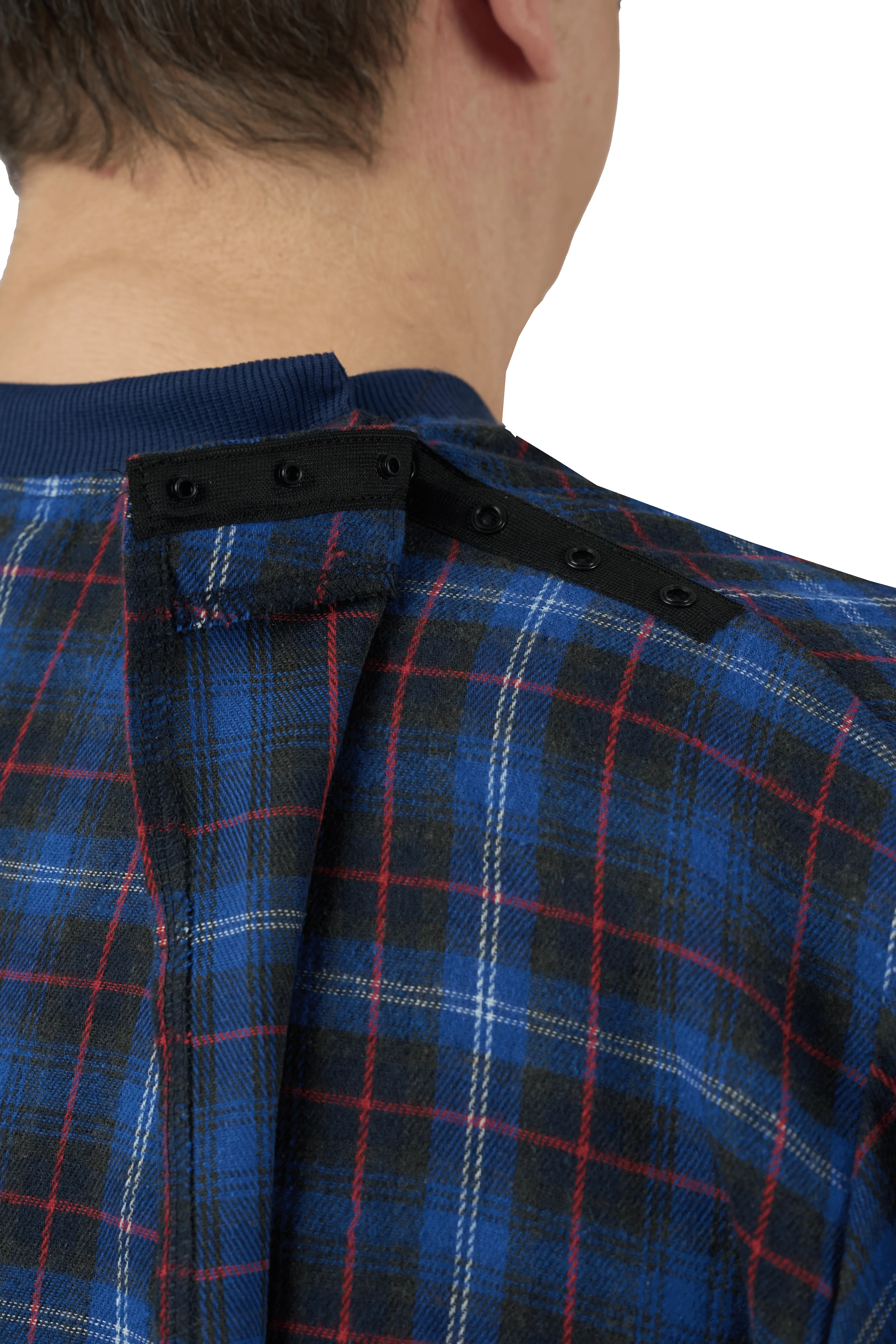 Blue plaid adaptive shirt with back snap closures for easy dressing, ideal for seniors or mobility assistance.