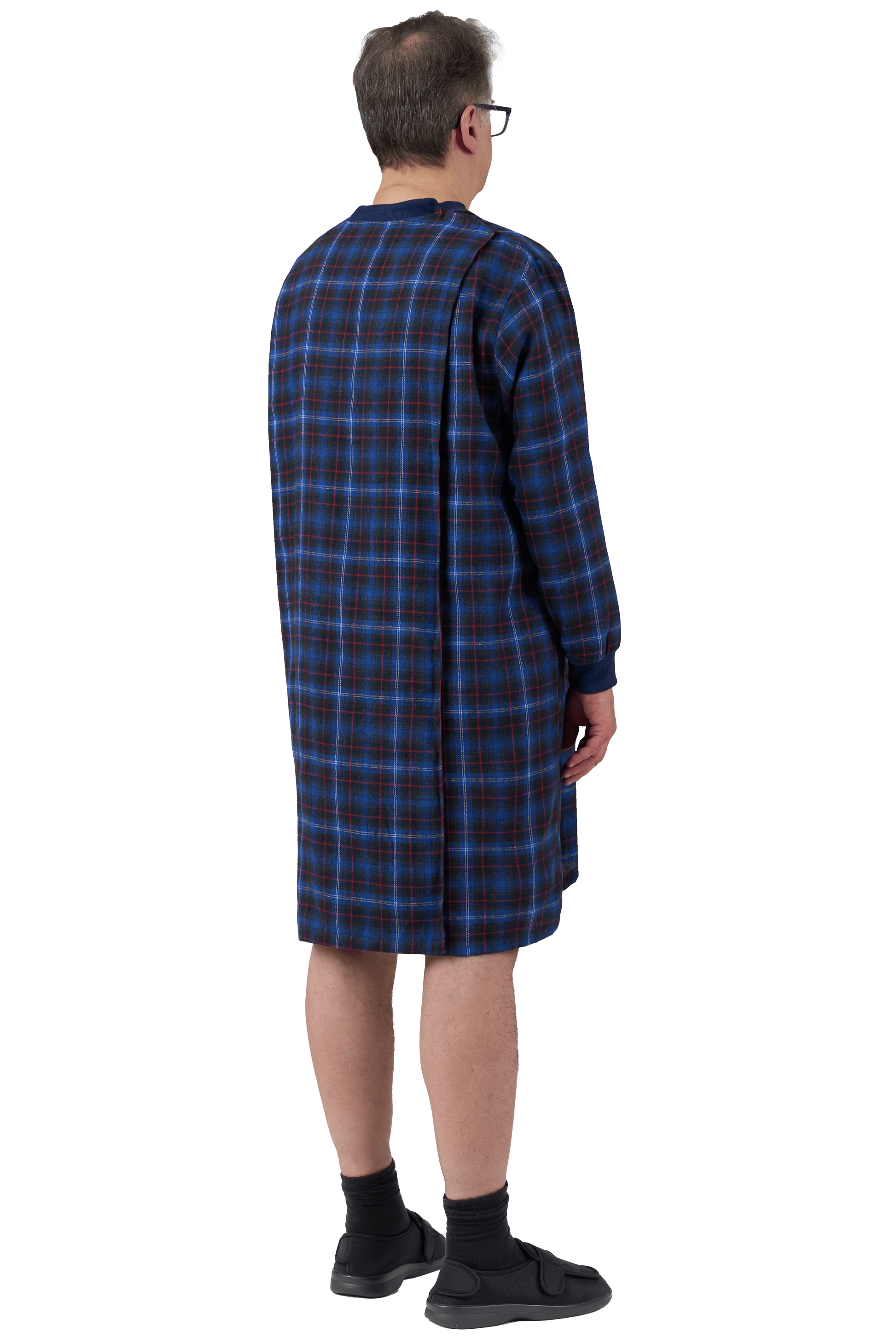 Blue plaid adaptive jumpsuit for seniors with easy dressing design
