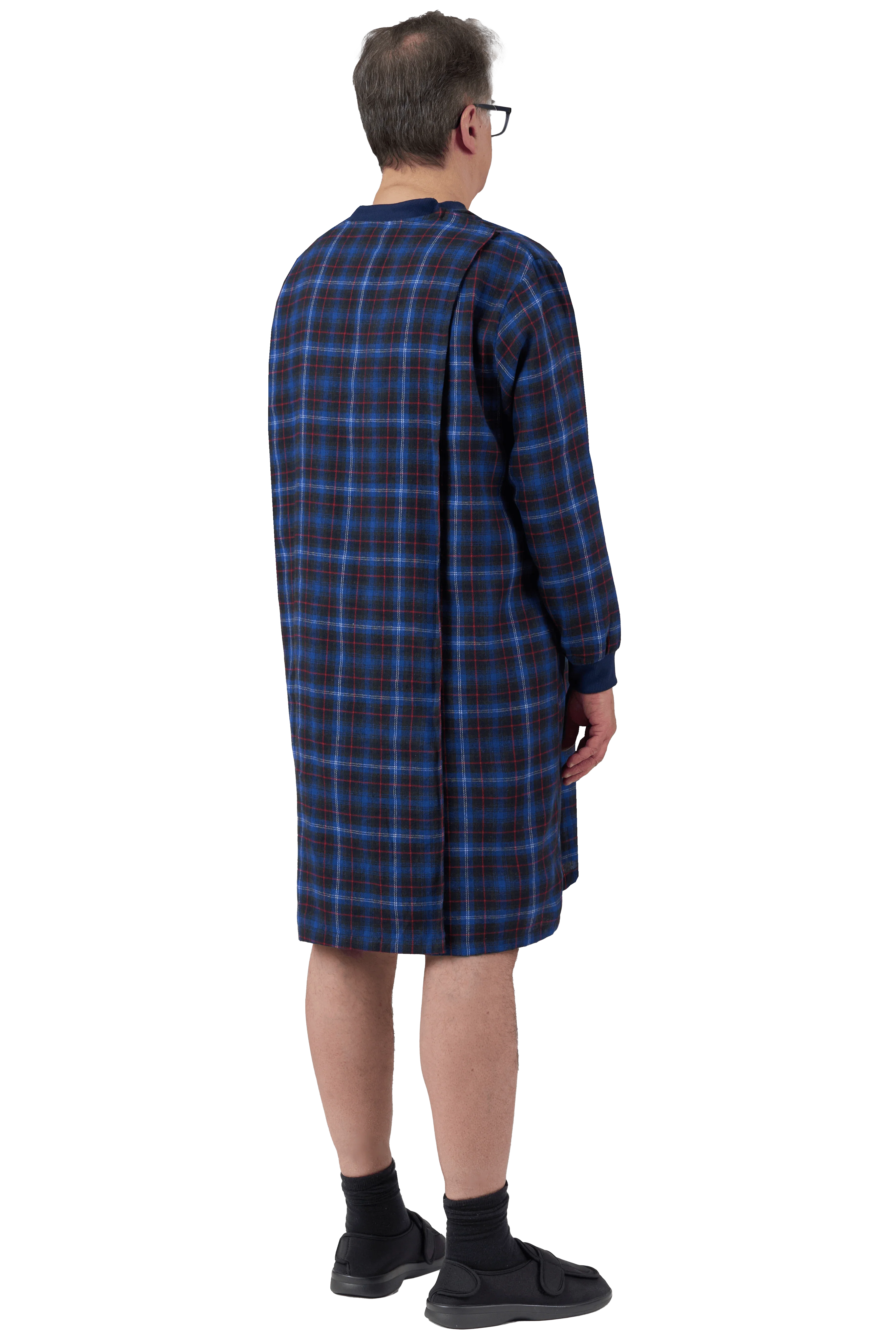 Blue plaid adaptive jumpsuit for seniors with easy dressing design
