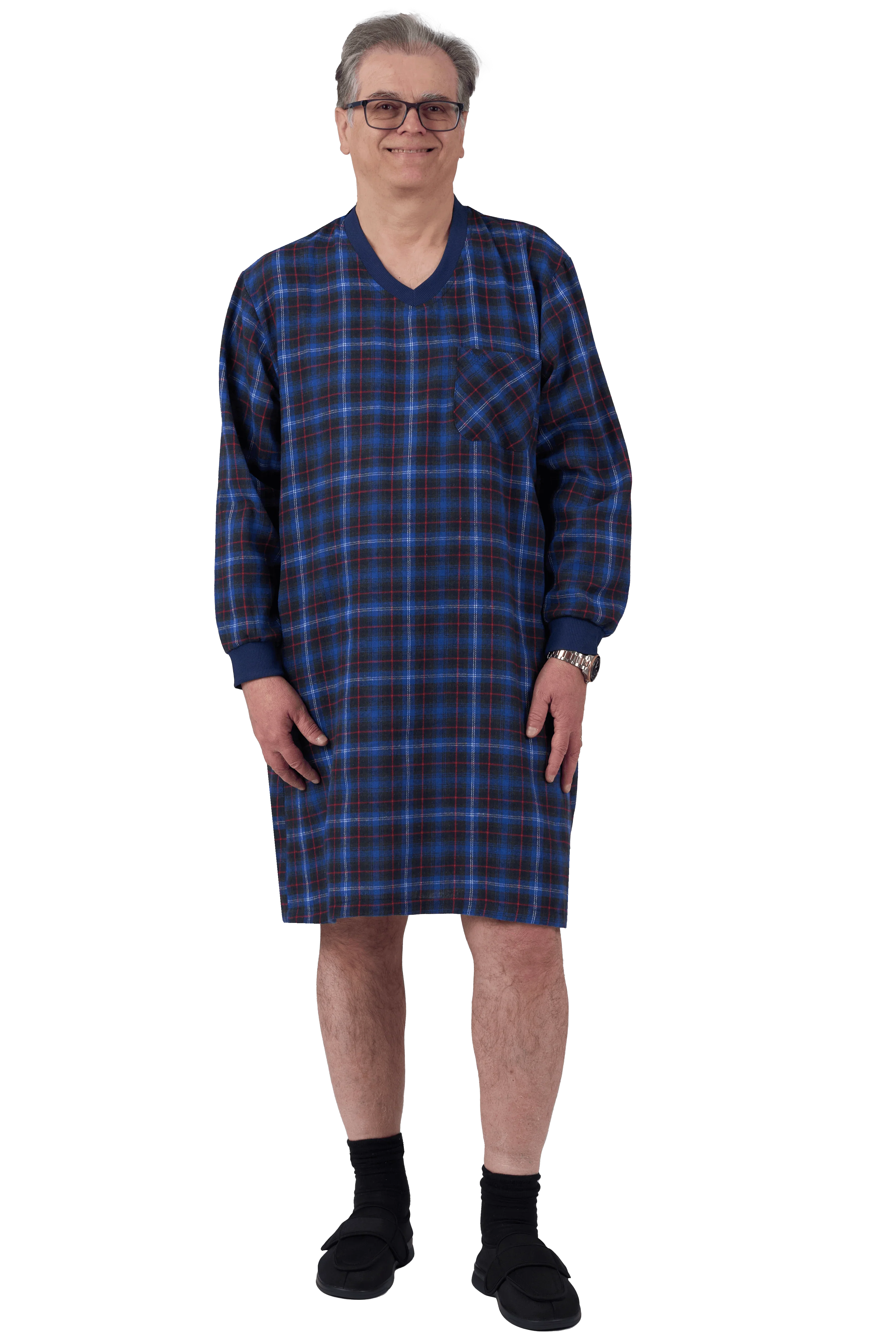 Blue plaid adaptive nightgown for seniors with easy dressing design