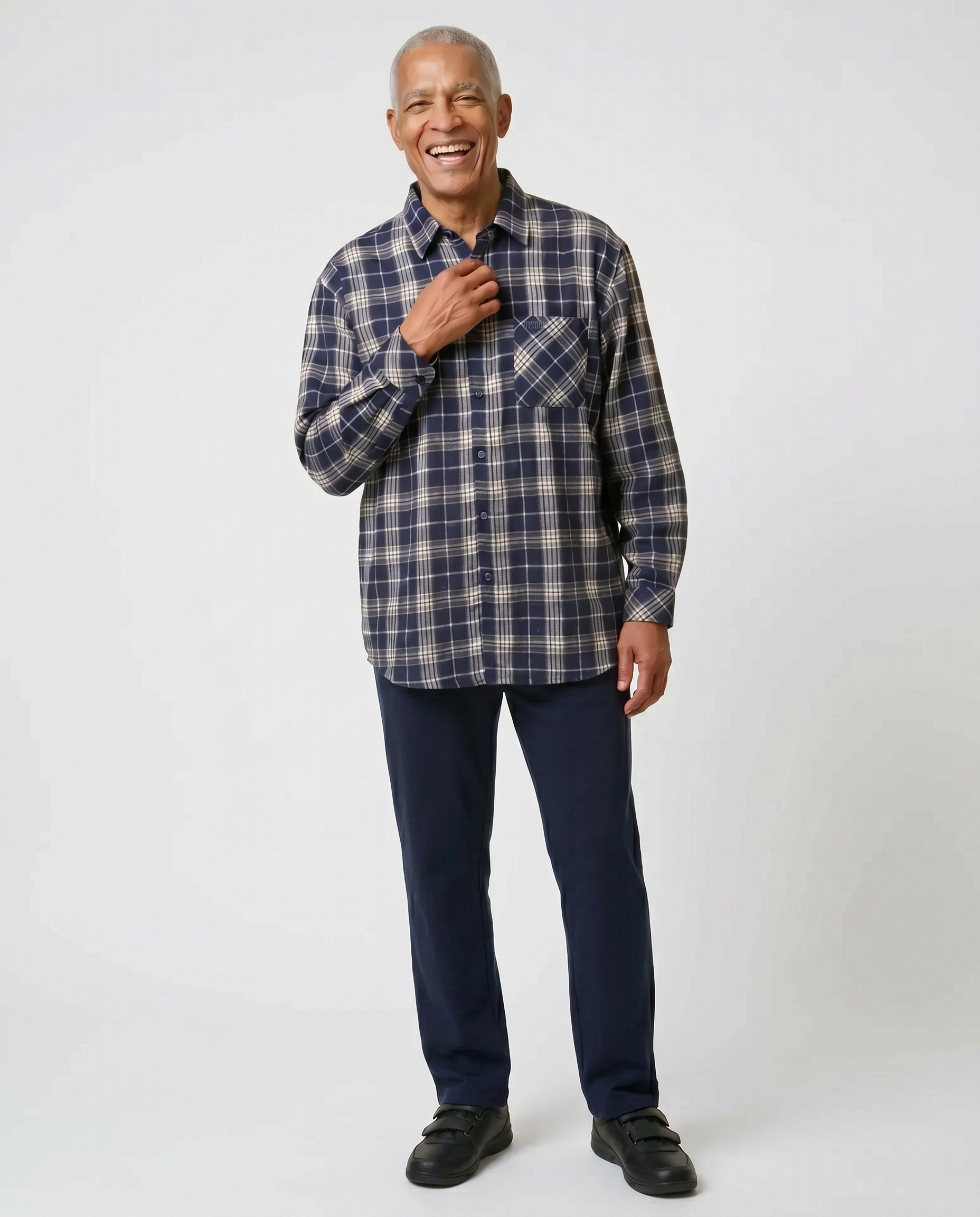 Senior man wearing Ovidis adaptive Theo Navy plaid flannel shirt, easy assisted dressing for seniors