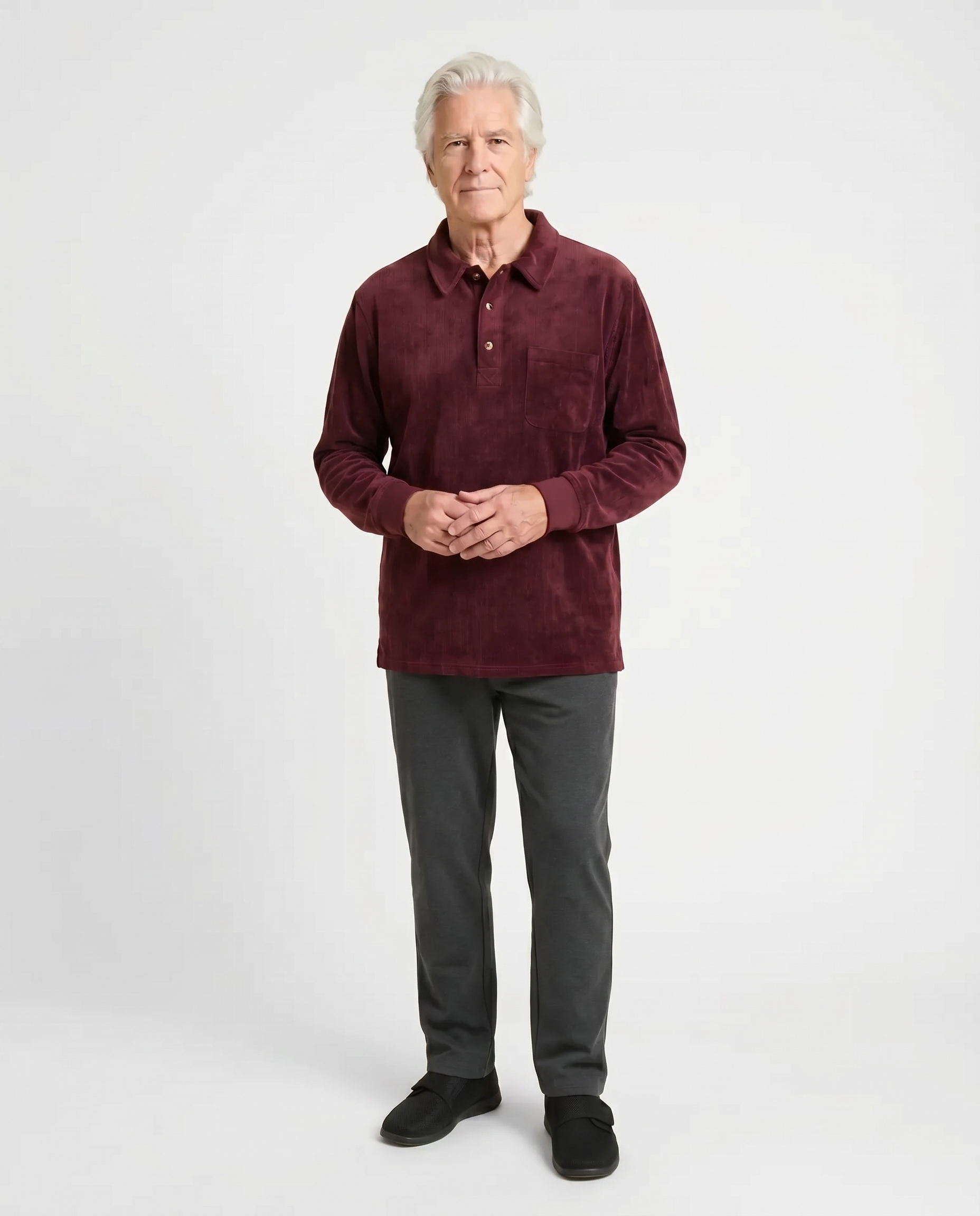 Senior man wearing Ovidis adaptive Thomas Burgundy corduroy polo shirt, easy assisted dressing for seniors